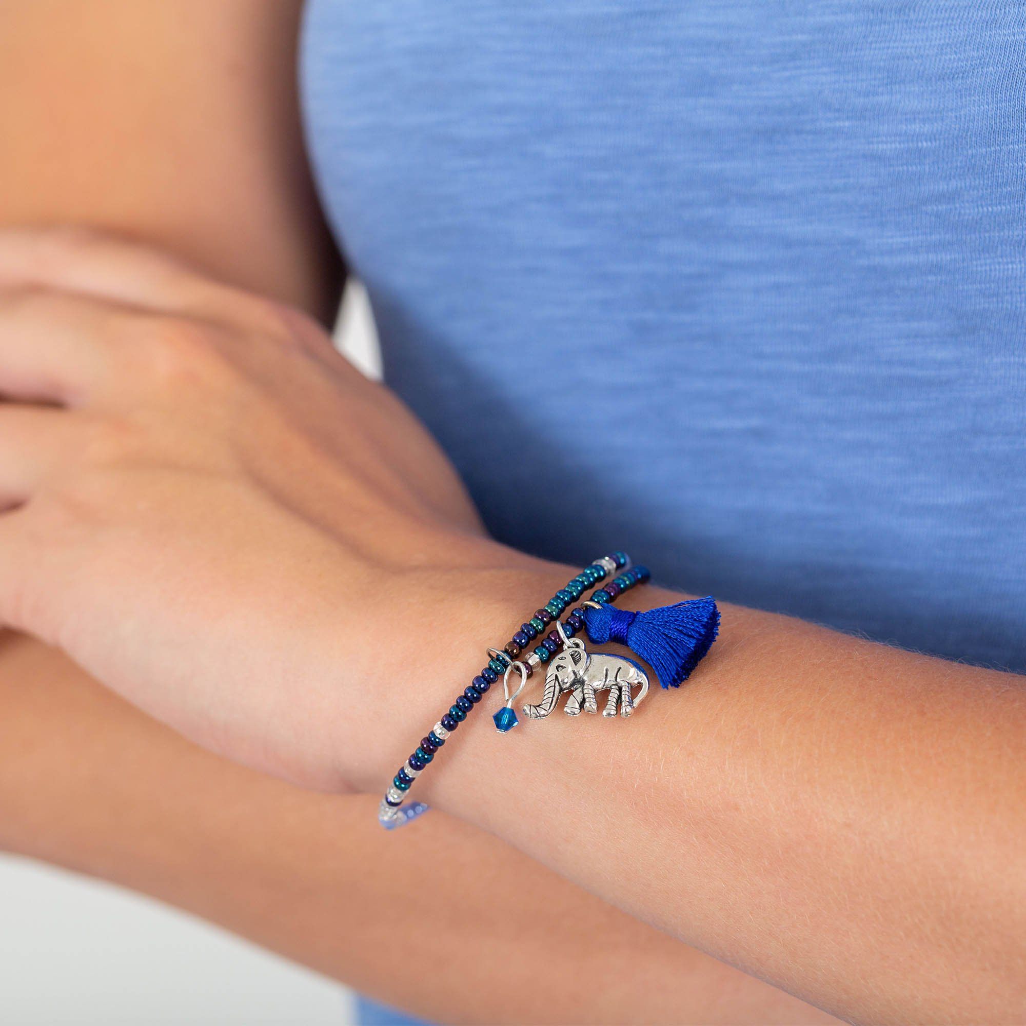 Premium Fair Trade Beaded Blue Elephant Adjustable Bracelet - Handmade in Haiti