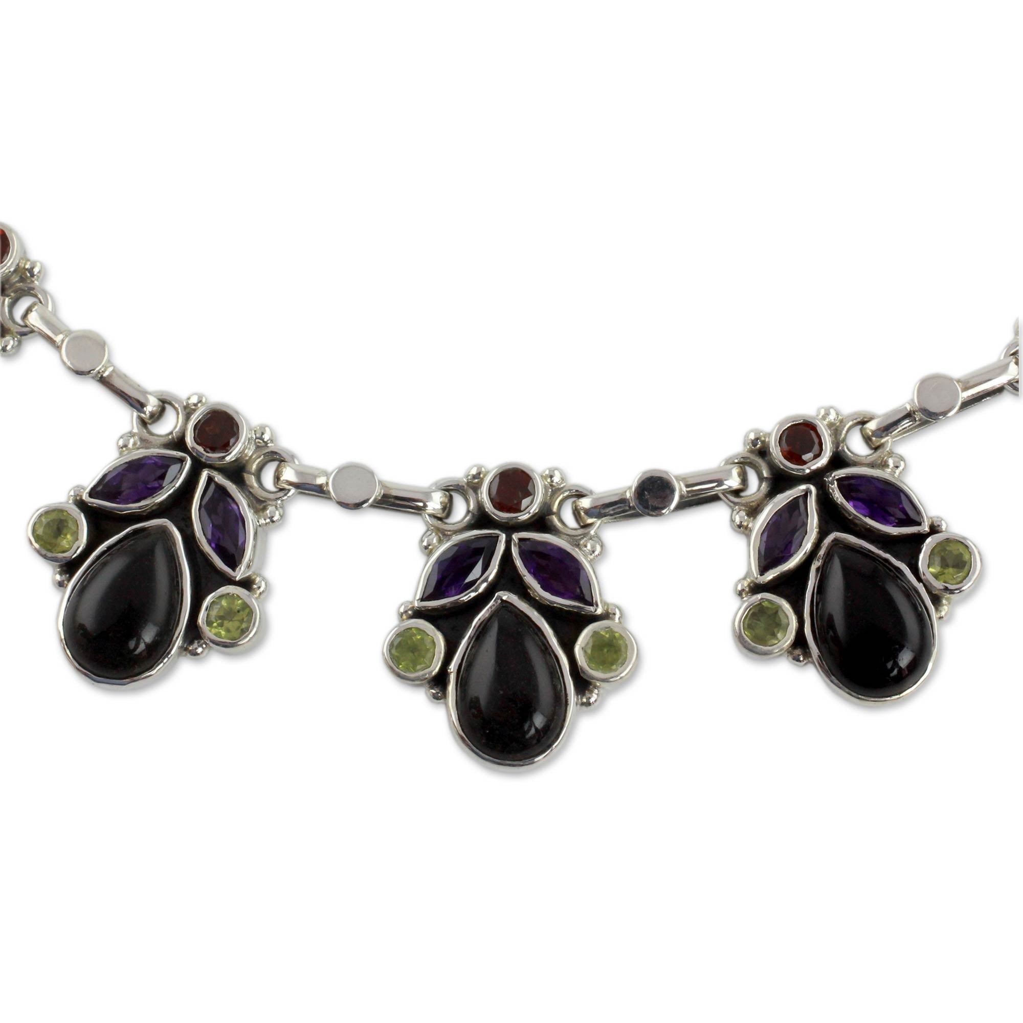 Premium Multigem Sterling Silver Waterfall Necklace with Onyx, Amethyst, Garnet & Peridot