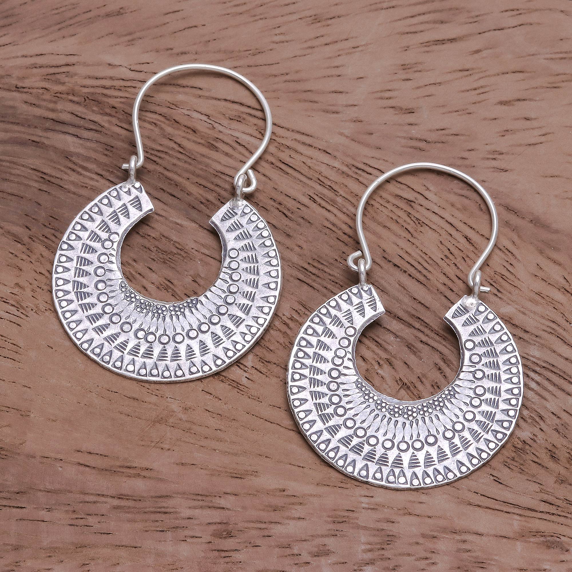 Premium Crescent Hoop Earrings - Sterling Silver with Intricate Patterns