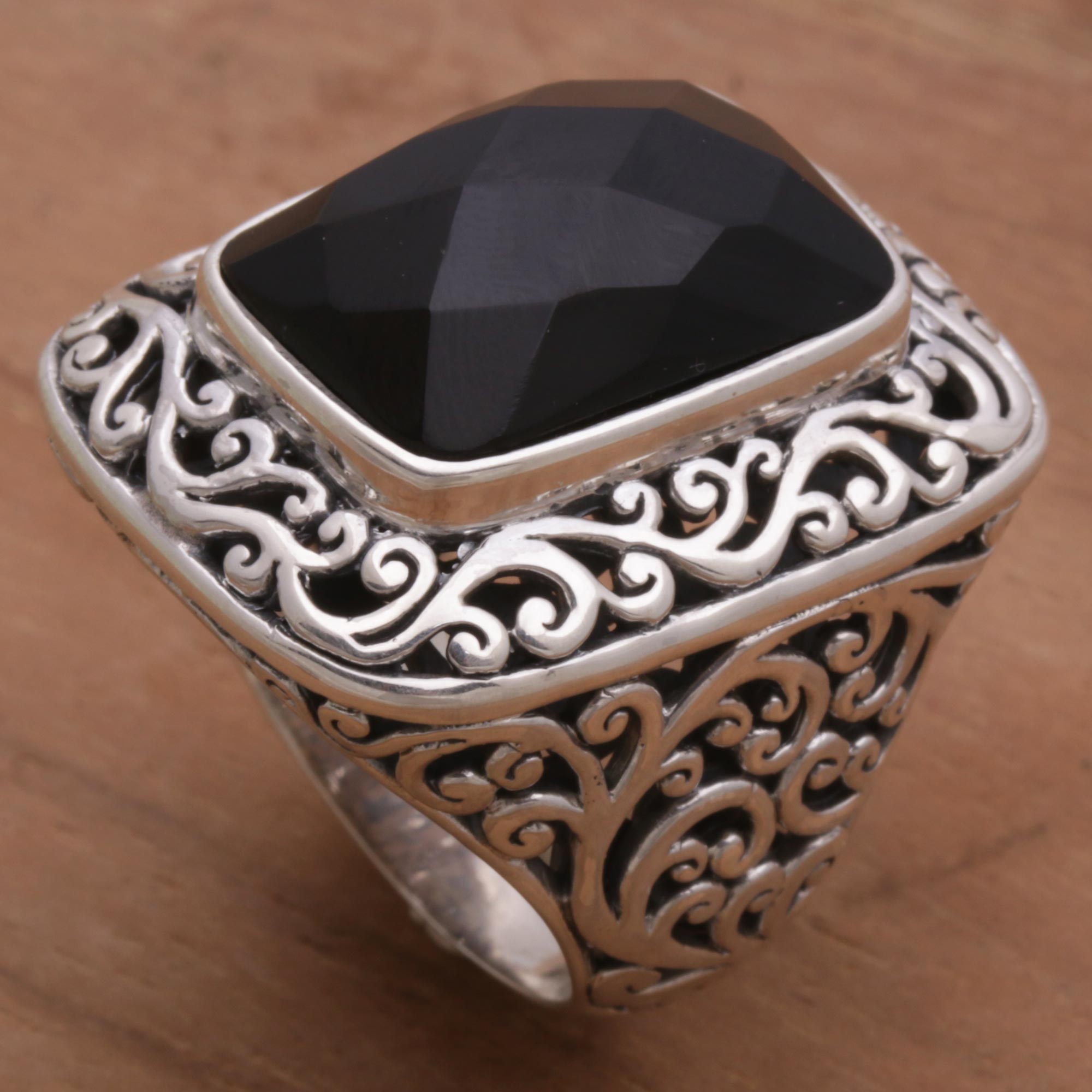 Premium Spiraling Black Onyx Silver Cocktail Ring - Handcrafted Elegance