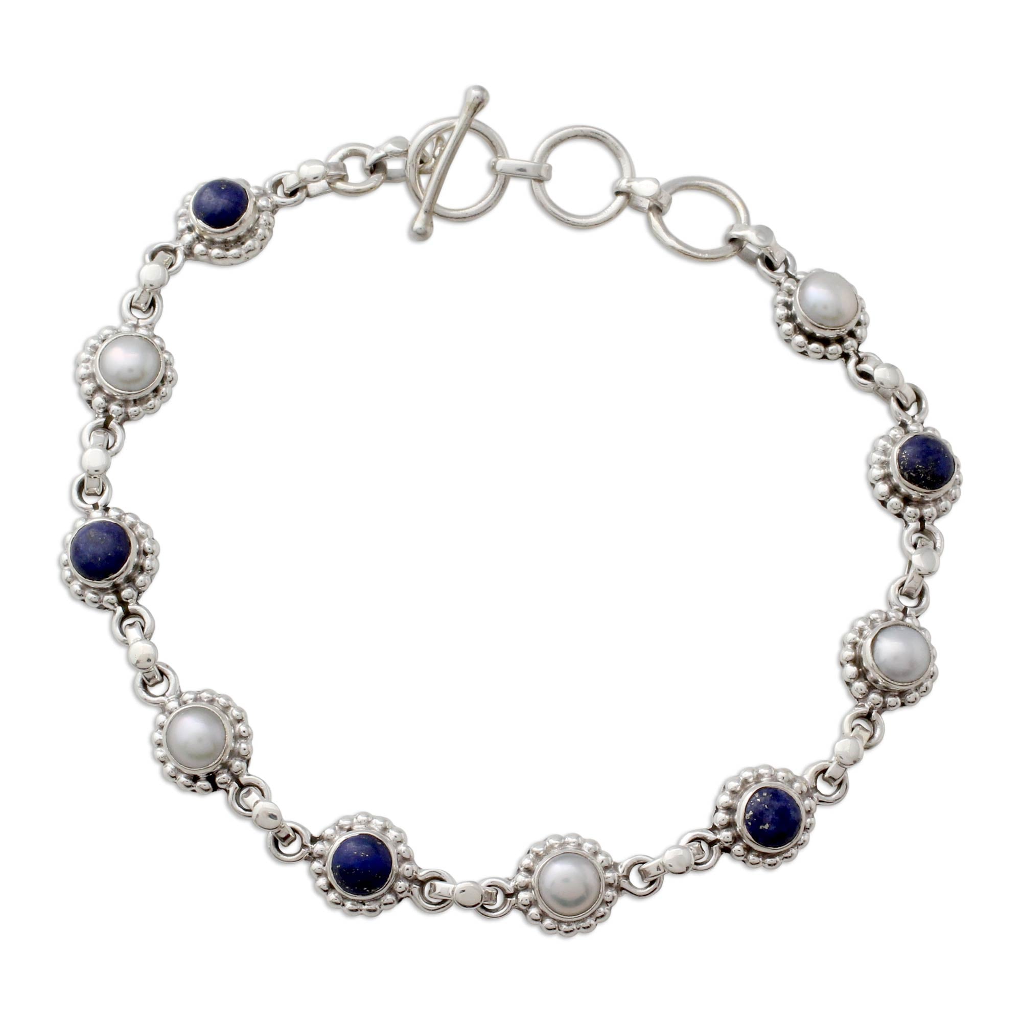 Premium Petite Floral Bracelet with Cultured Pearls & Lapis Lazuli – Sterling Silver