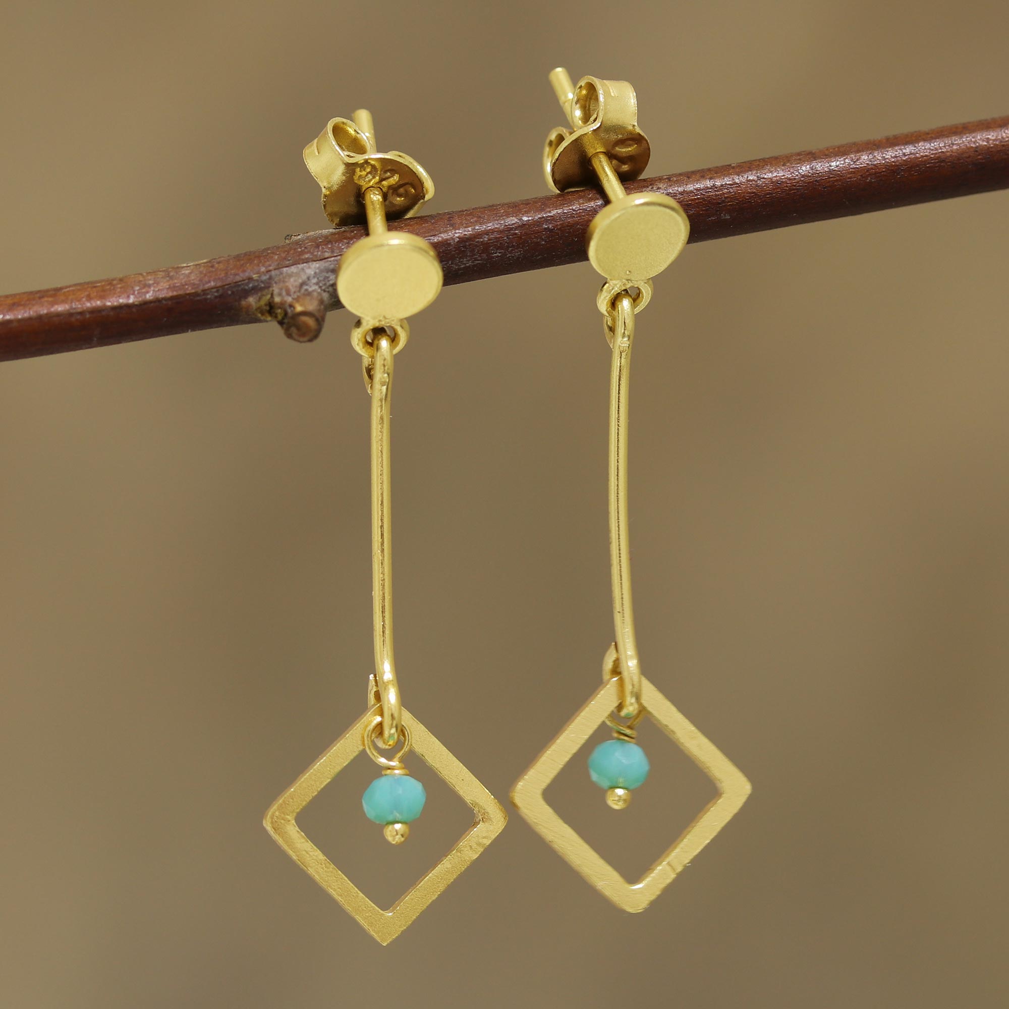 Premium Square Dazzle 22k Gold Plated Chalcedony Dangle Earrings - Handcrafted in India