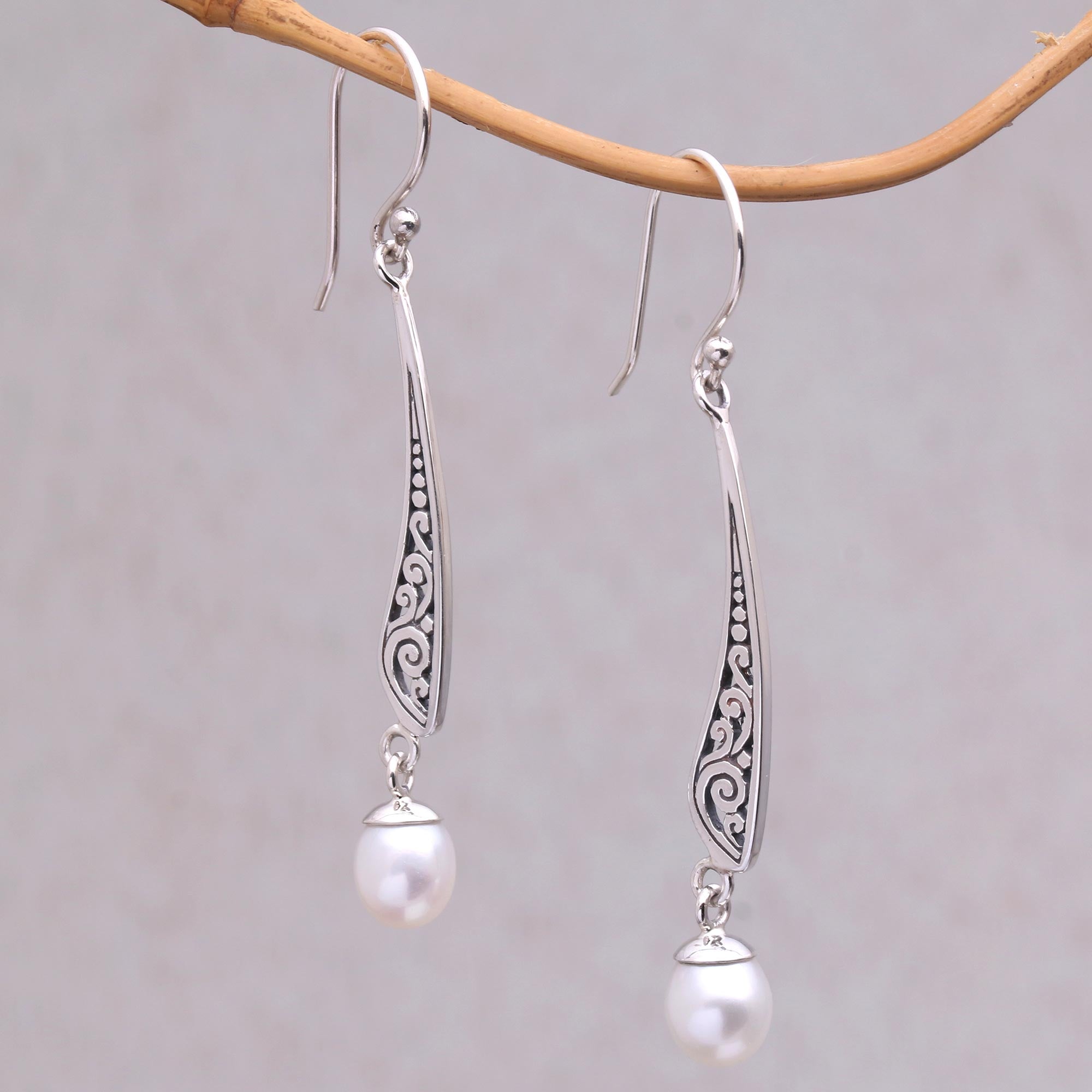 Premium Vine Motif Cultured Pearl Dangle Earrings - Handcrafted in Indonesia