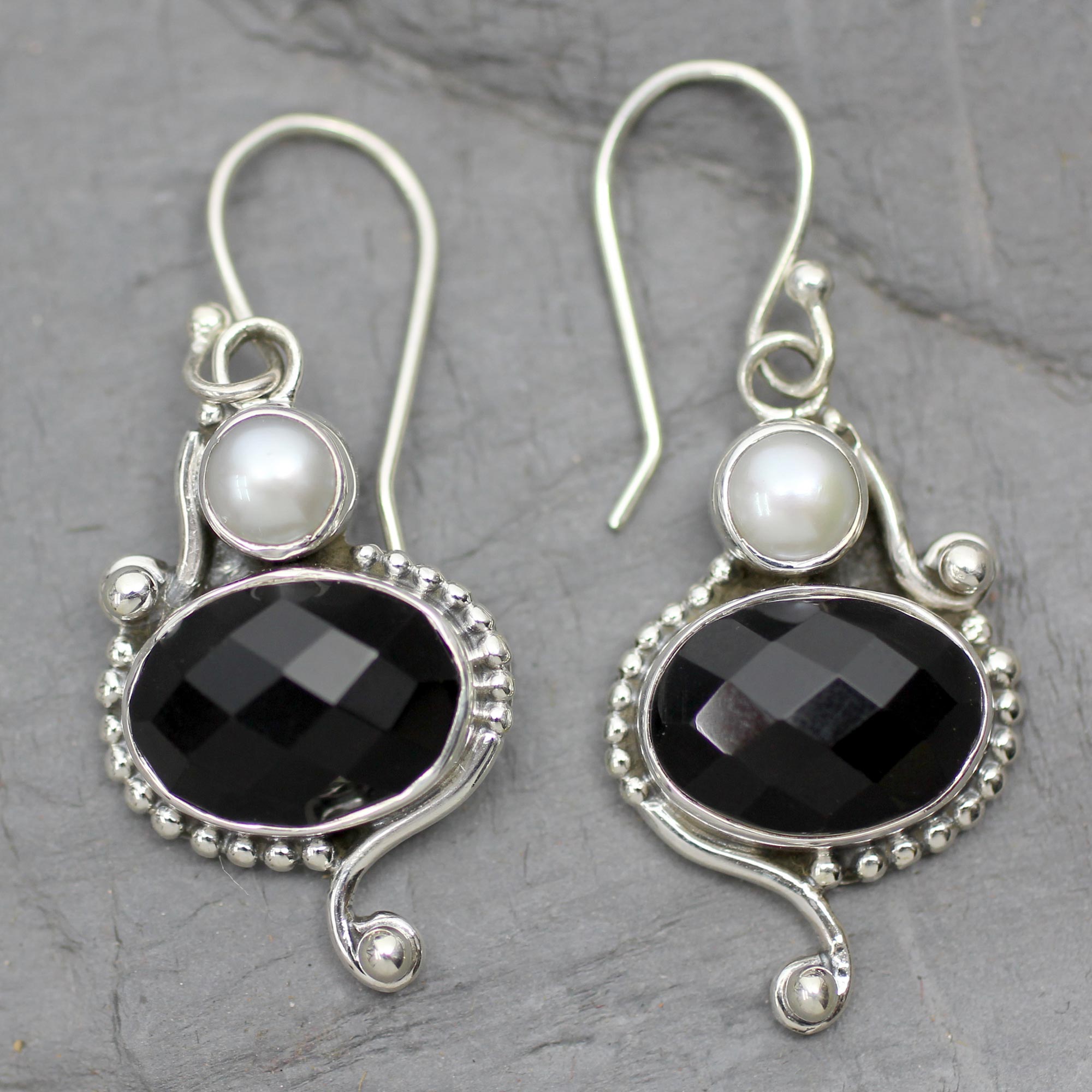 Premium Magical Moons Sterling Silver Earrings - Elegant Onyx & Pearl Design