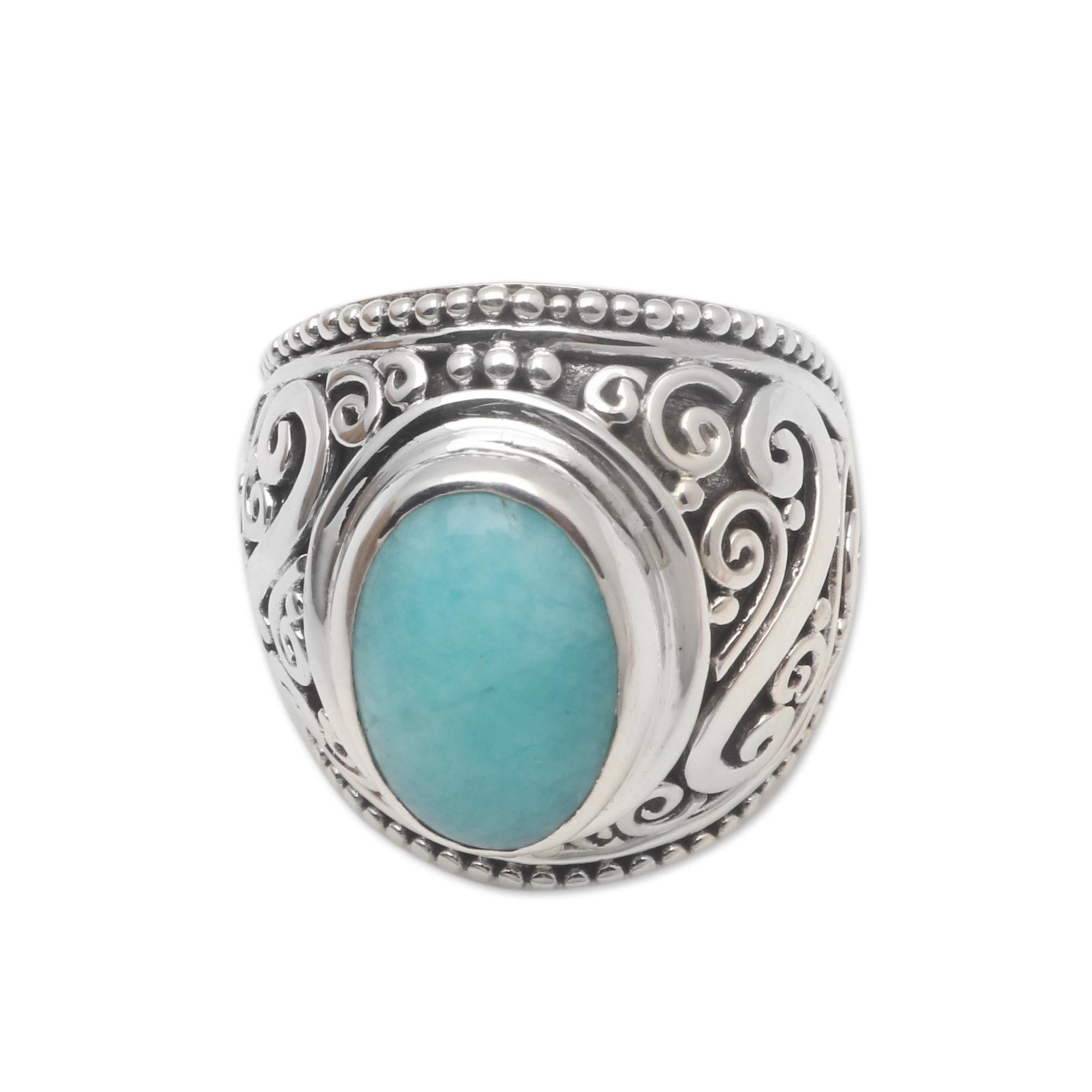 Premium Misty Temple Oval Amazonite Sterling Silver Scroll Cocktail Ring