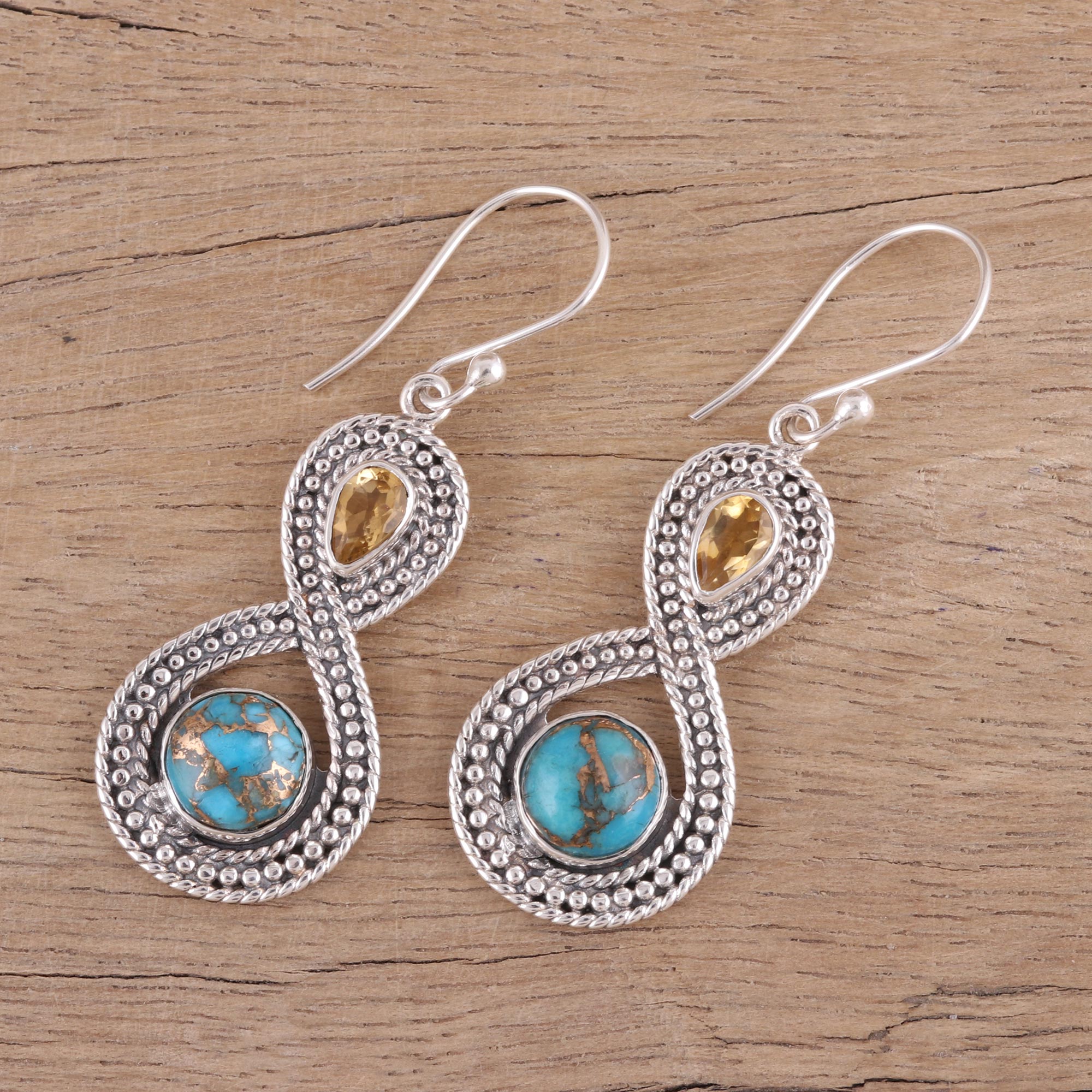 Premium Infinity Indian Citrine & Turquoise Dangle Earrings