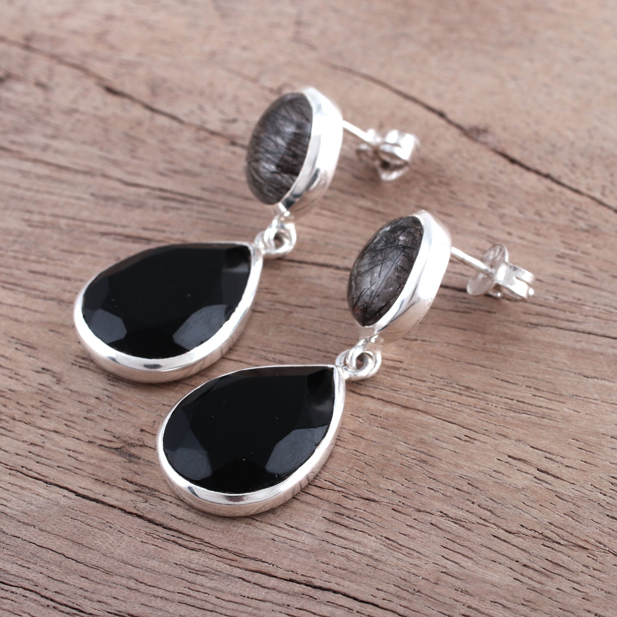 Premium Alluring Onyx & Tourmalinated Quartz Dangle Earrings