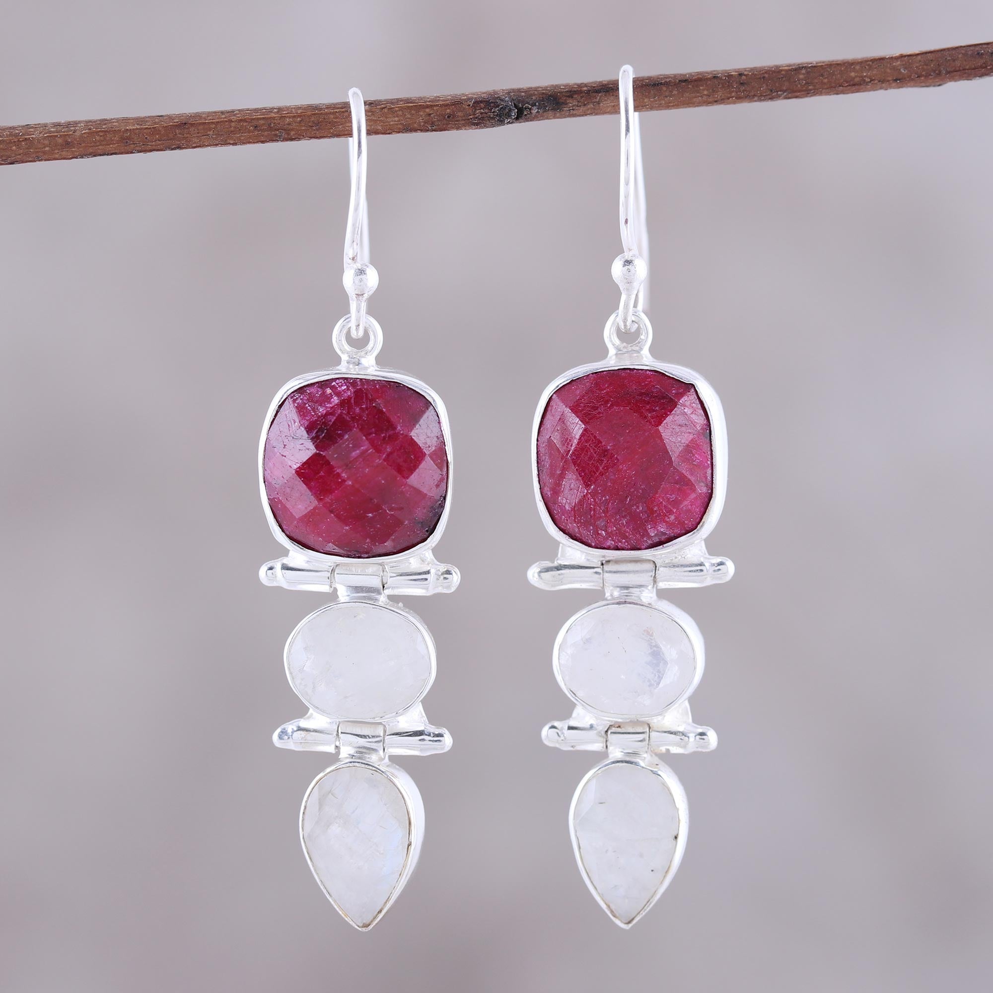 Premium Glittering Muse Ruby & Rainbow Moonstone Dangle Earrings – Handcrafted in India