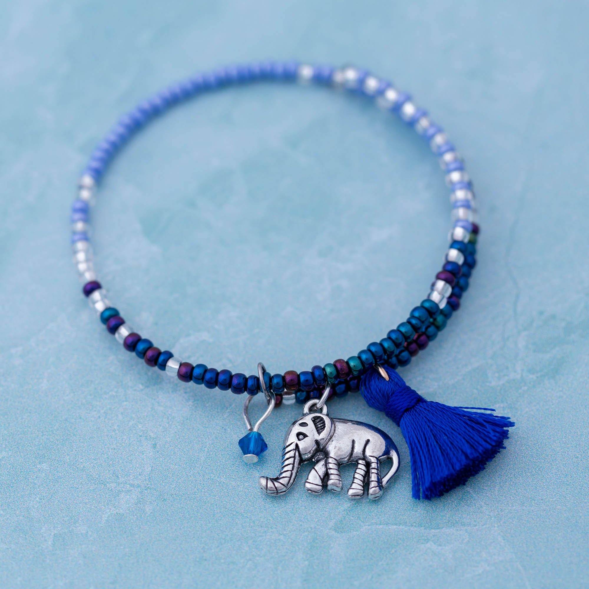 Premium Fair Trade Beaded Blue Elephant Adjustable Bracelet - Handmade in Haiti