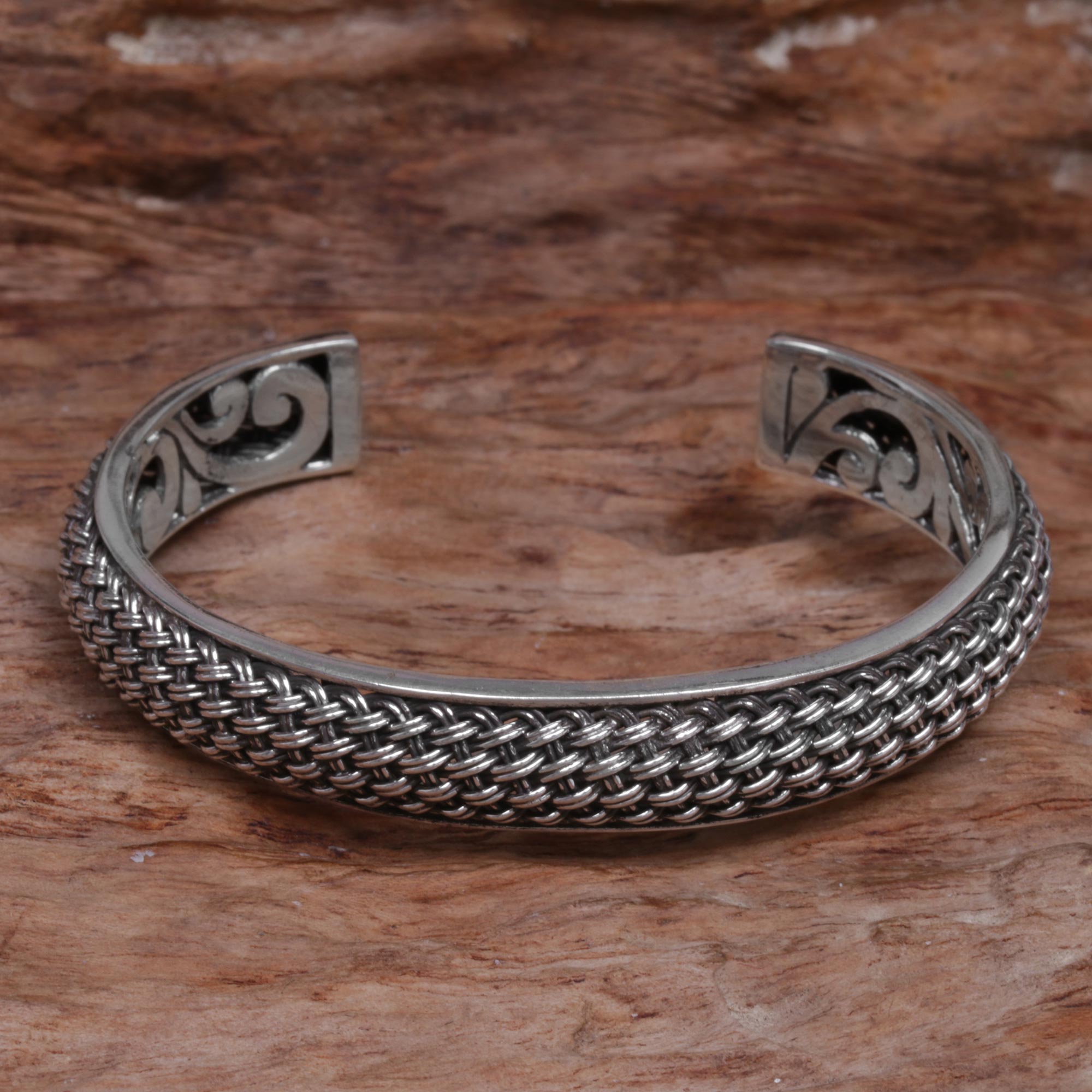 Premium Handcrafted Sterling Silver Woven Chains Cuff Bracelet - Artisan Jewelry from Bali