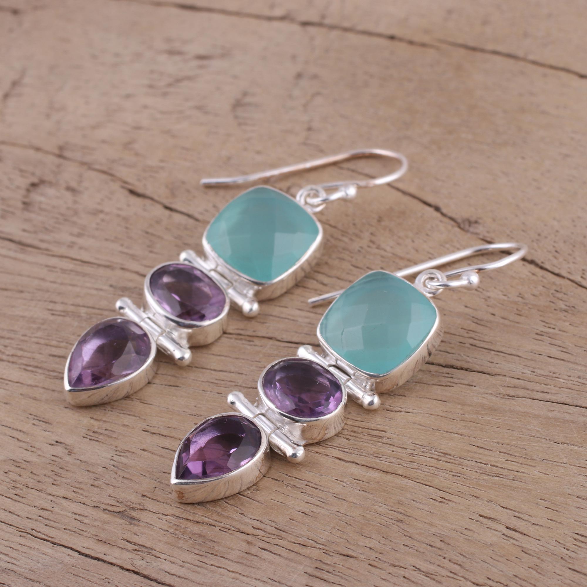 Premium Glittering Muse Amethyst & Blue Chalcedony Dangle Earrings