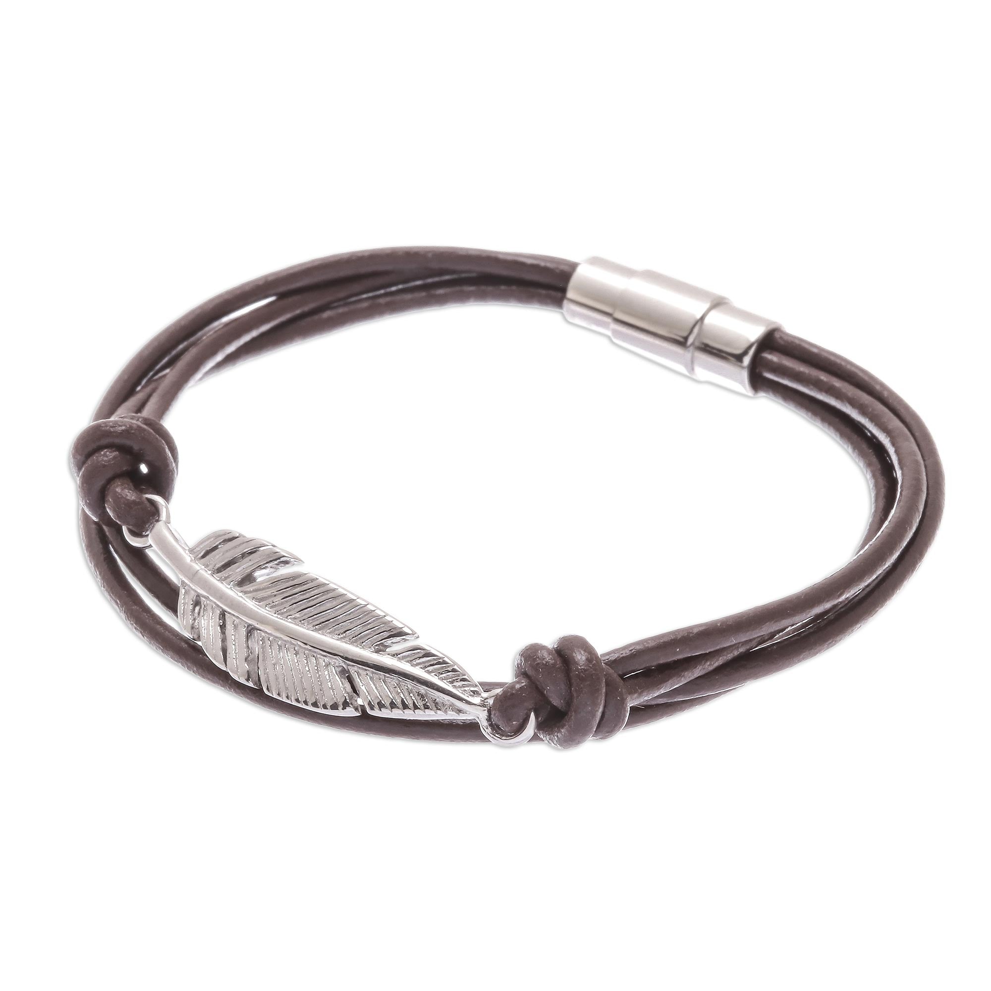 Premium Brown Leather & Stainless Steel Feather Pendant Bracelet - Handcrafted Elegance