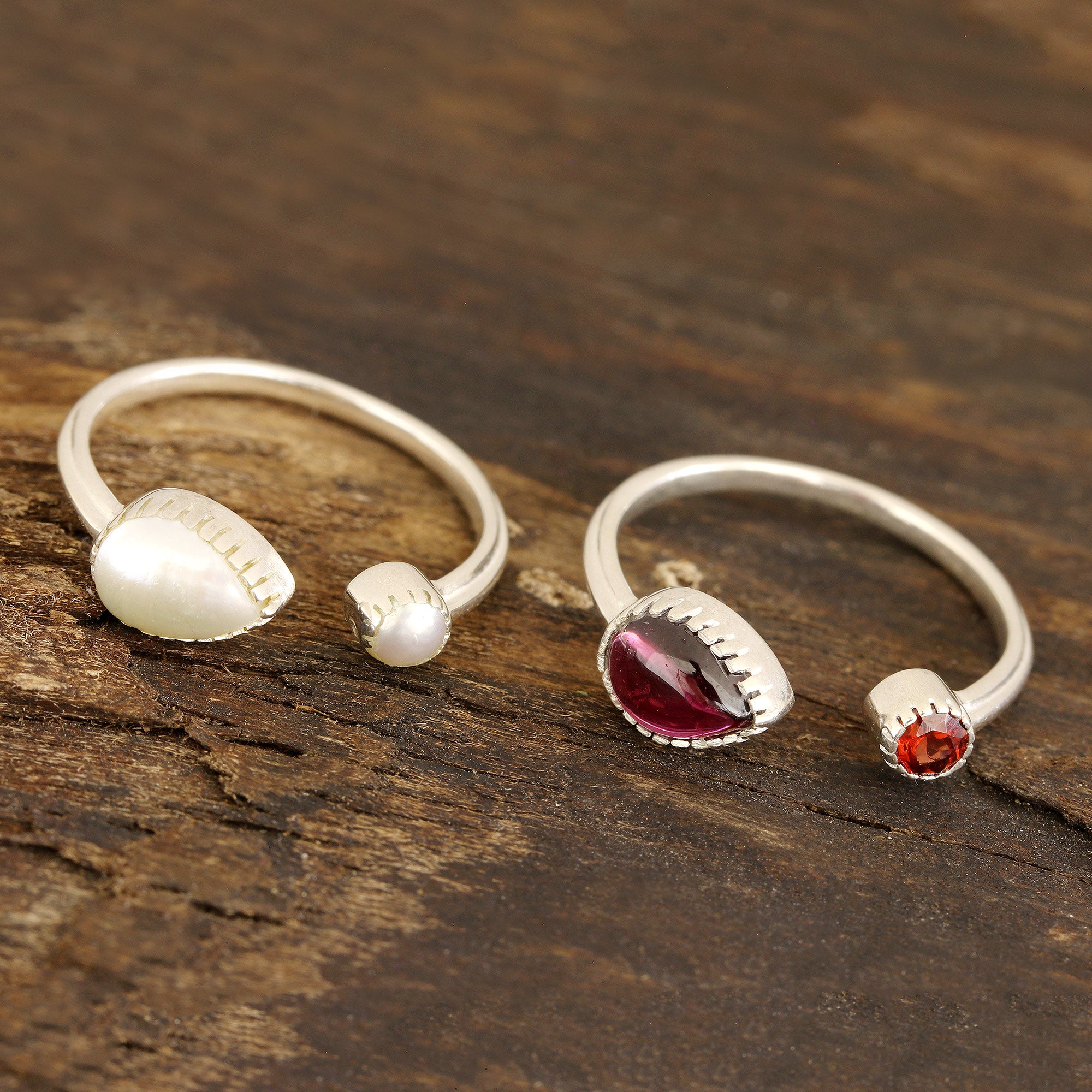 Premium Indian Garnet & Pearl Wrap Rings – Stylish Silver Jewelry (Pair)