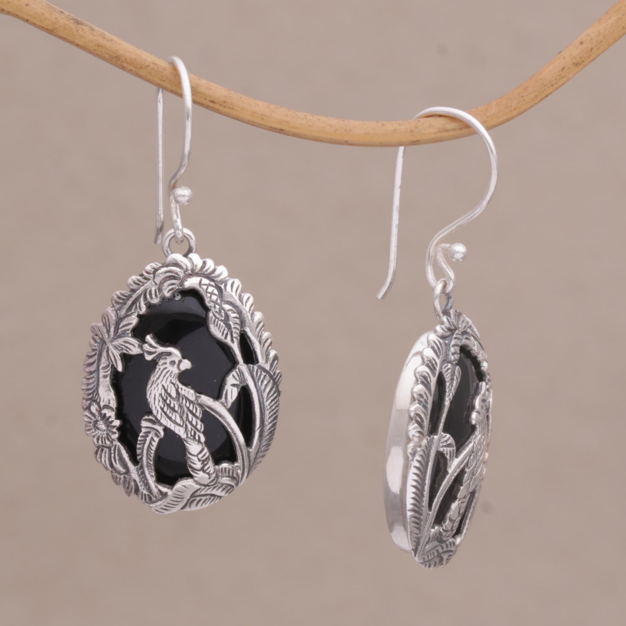 Premium Bali Cockatoo Dangle Earrings - Sterling Silver & Onyx Elegance