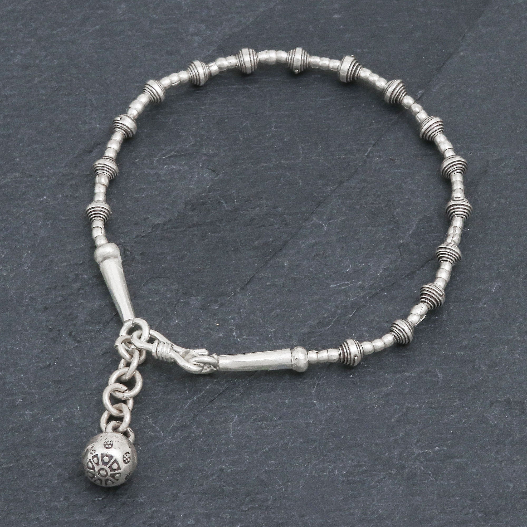 Premium Karen Silver Flower Ball Bracelet with Adjustable Chain – Handcrafted in Thailand