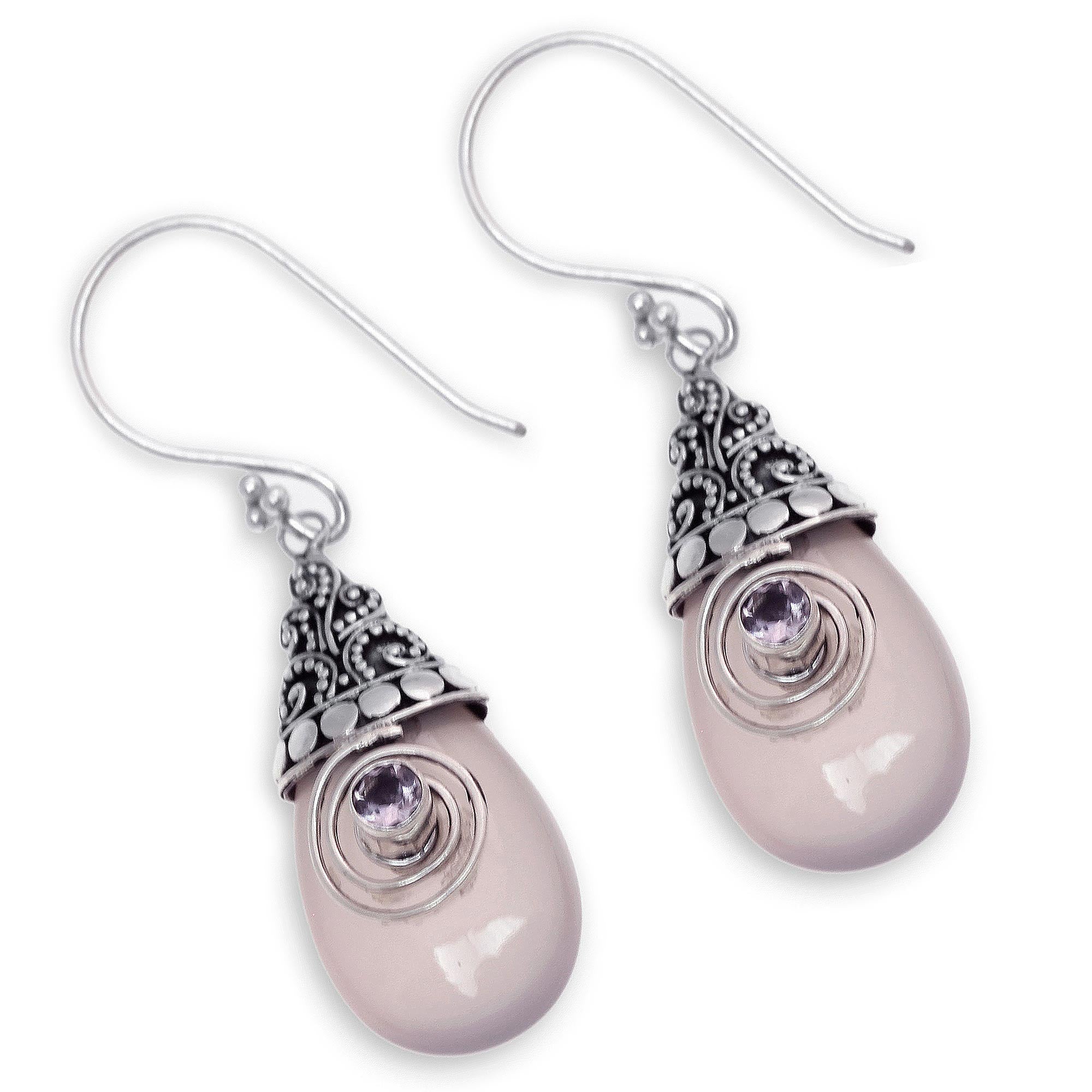 Premium Mount Bromo Dawn Rose Quartz & Amethyst Sterling Silver Dangle Earrings