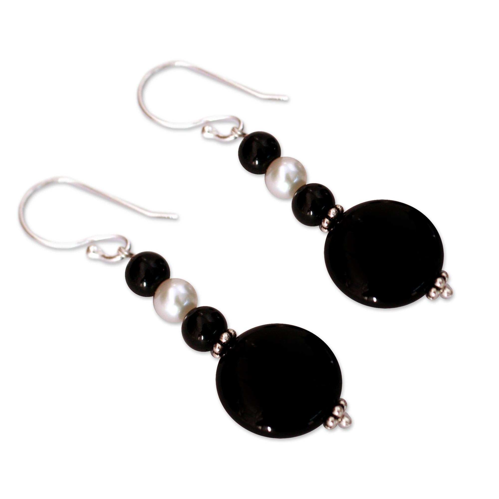 Premium Midnight Kisses Onyx Pearl & Silver Earrings - Handmade Elegance