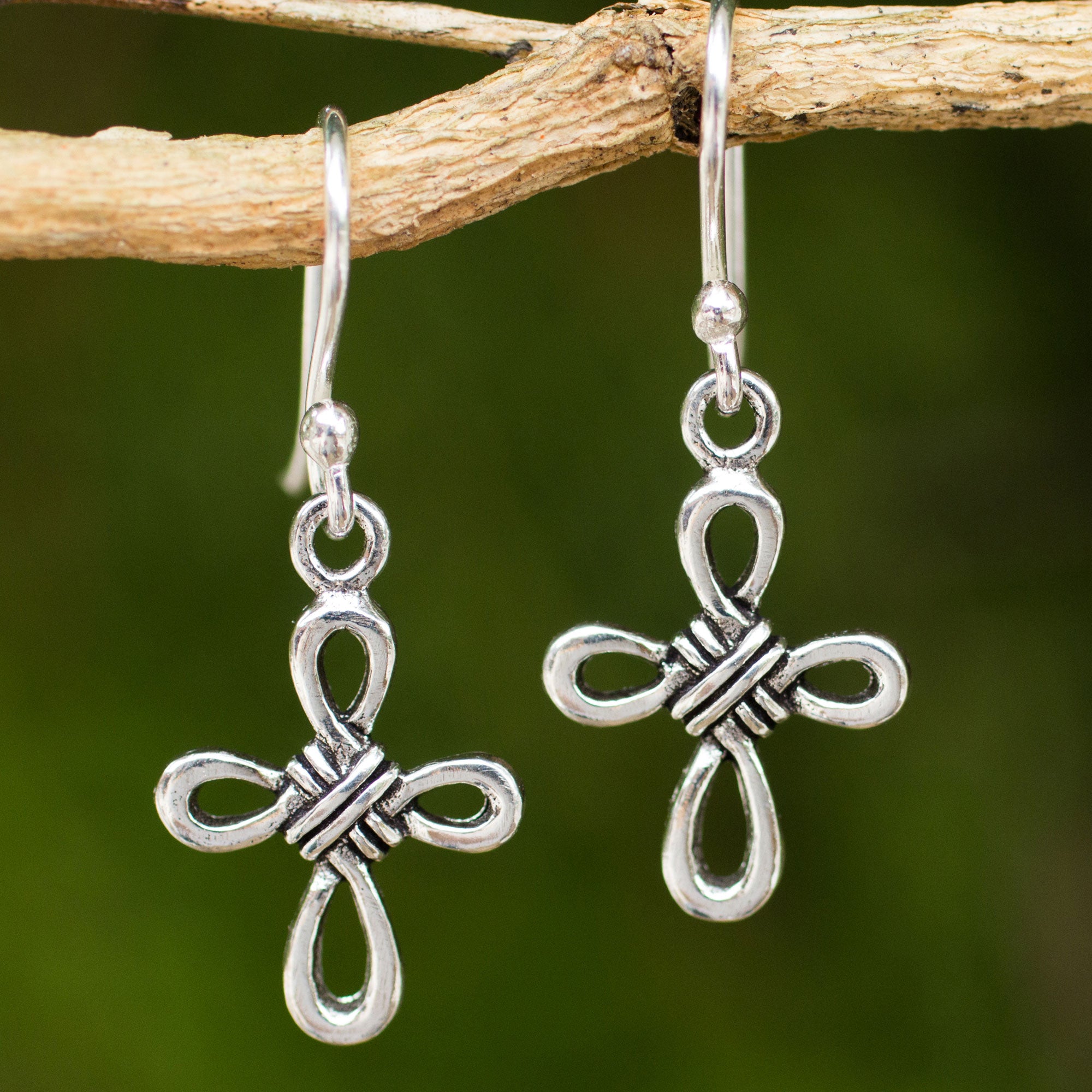 Premium Handcrafted Thai Sterling Silver Knotted Cross Dangle Earrings