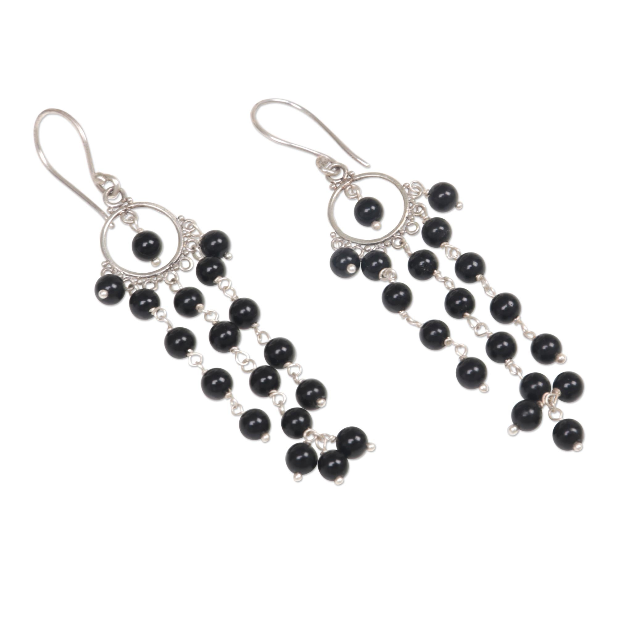 Premium Artisan Onyx & Sterling Silver Chandelier Earrings by Made Sugi