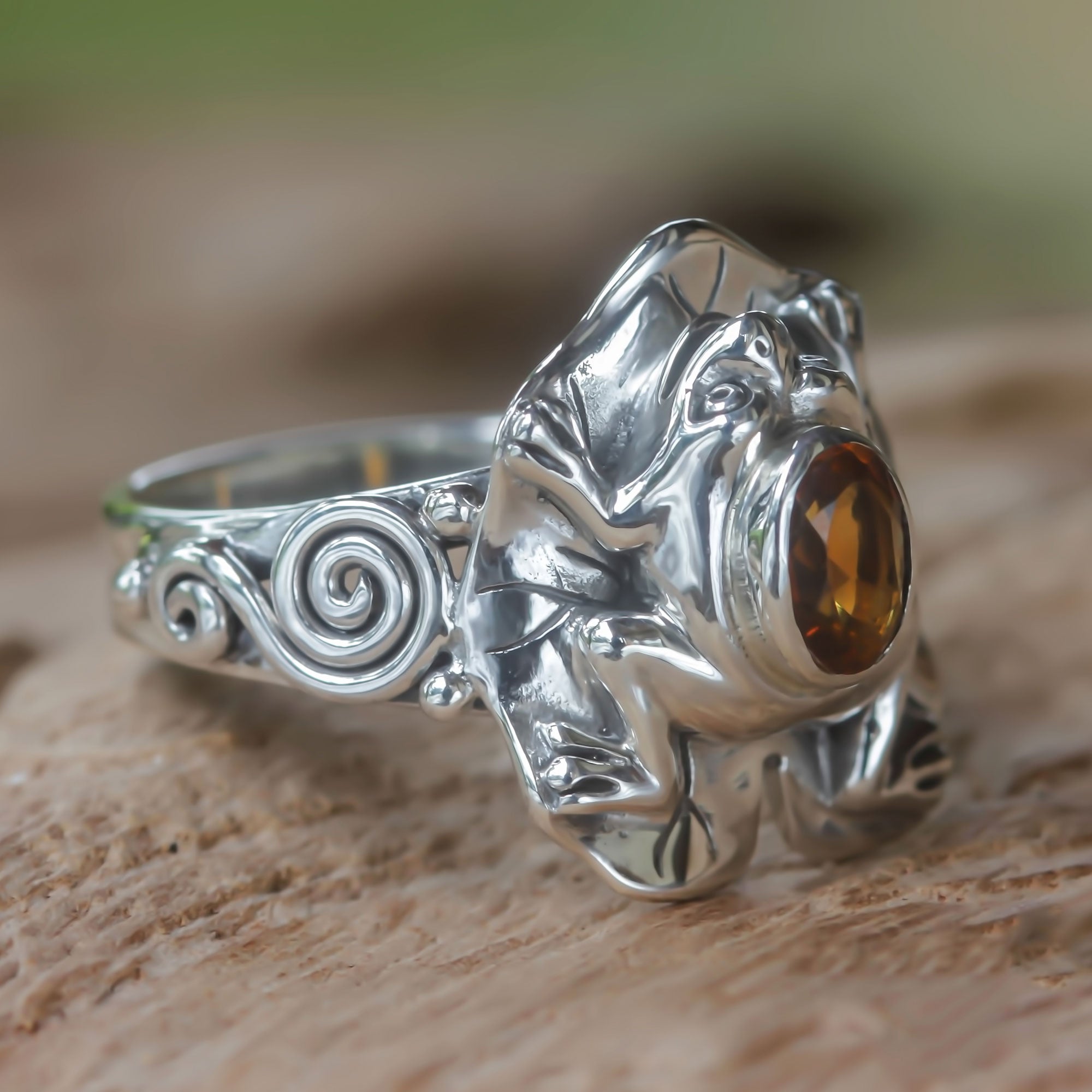 Premium Golden Rainforest Frog Citrine & Silver Cocktail Ring