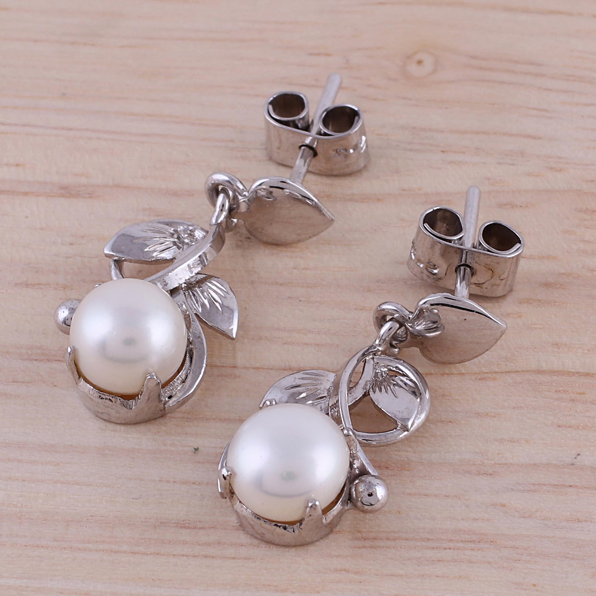 Premium Rhodium-Plated Cultured Pearl Dangle Earrings by Purity Vines