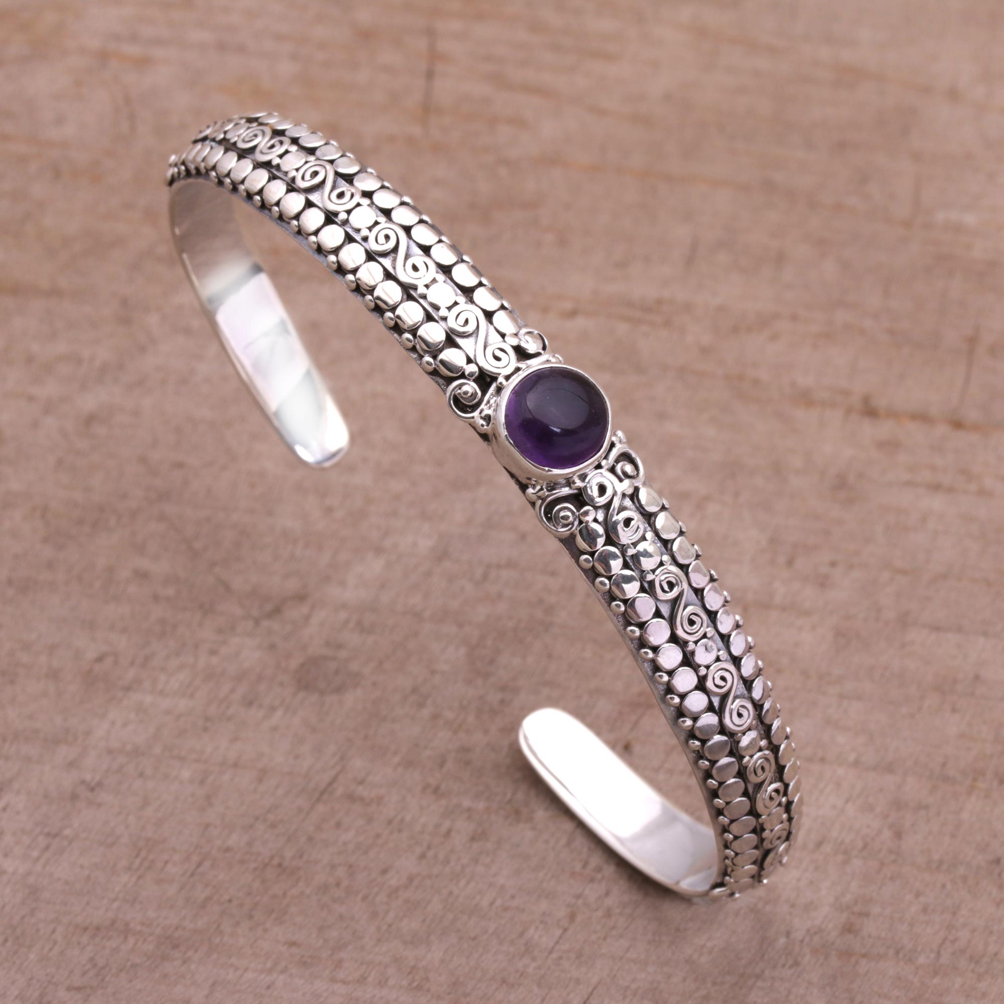 Premium Amethyst & Sterling Silver Cuff Bracelet - Handcrafted in Bali