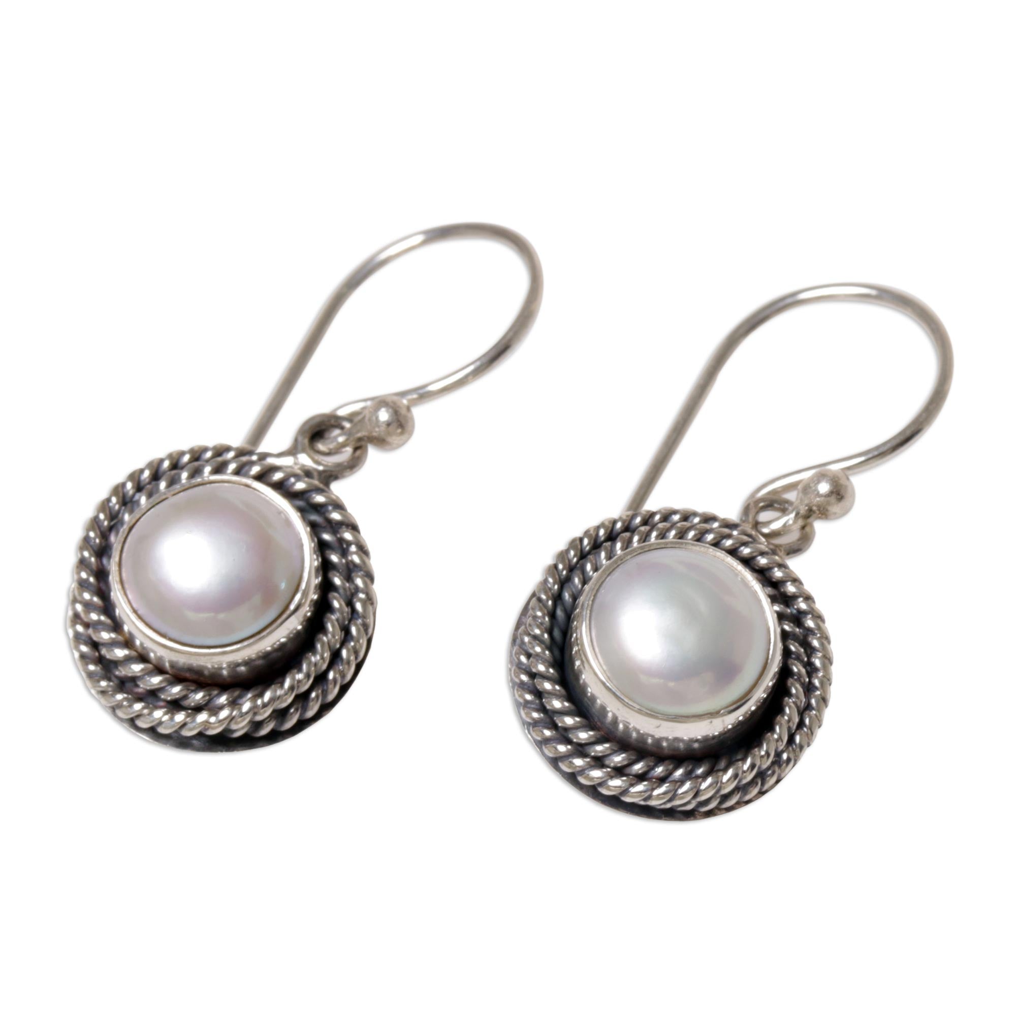 Premium White Cultured Pearl Dangle Earrings with Sterling Silver Rope Design