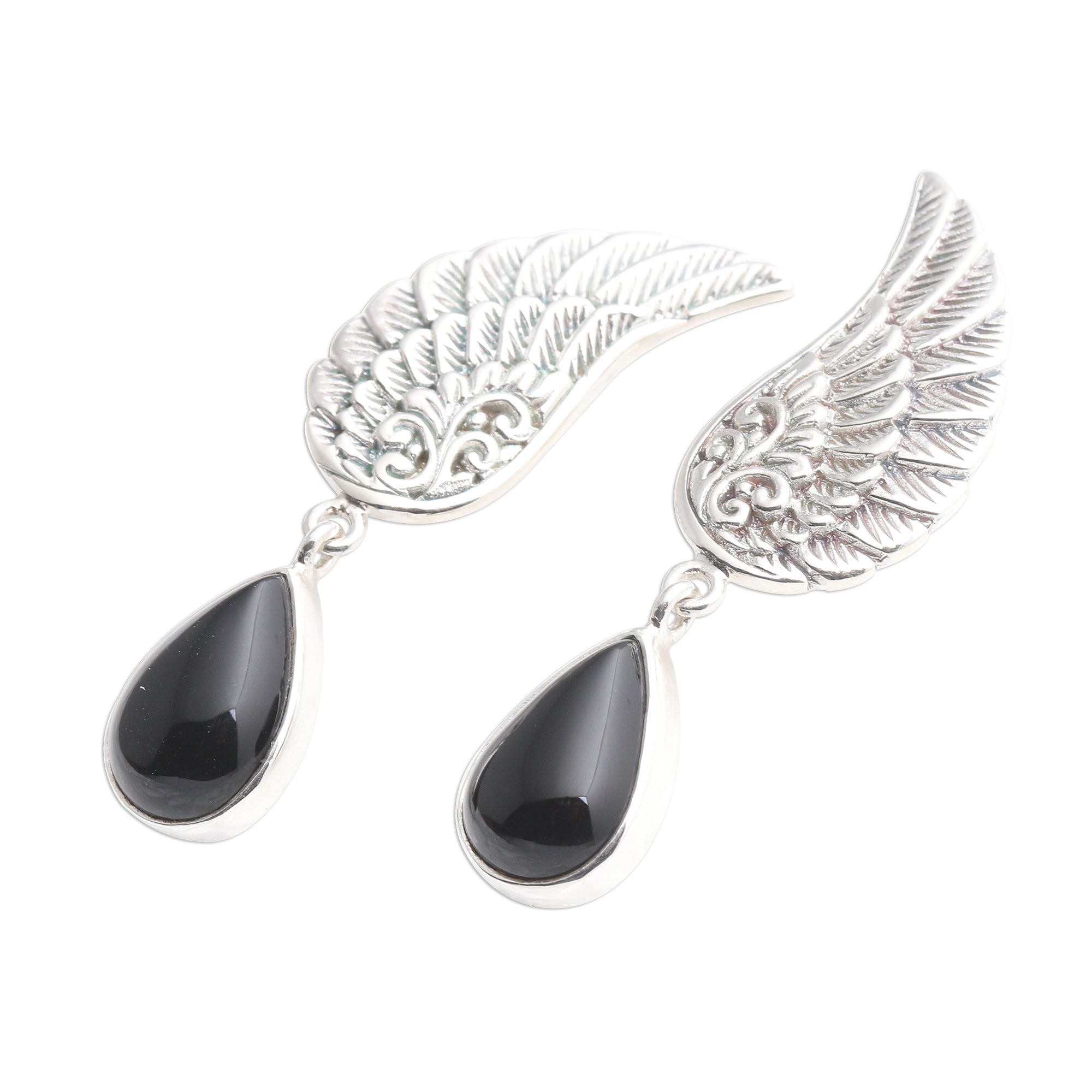 Premium Midnight Onyx Sterling Silver Dangle Earrings - Elegant Wing Design