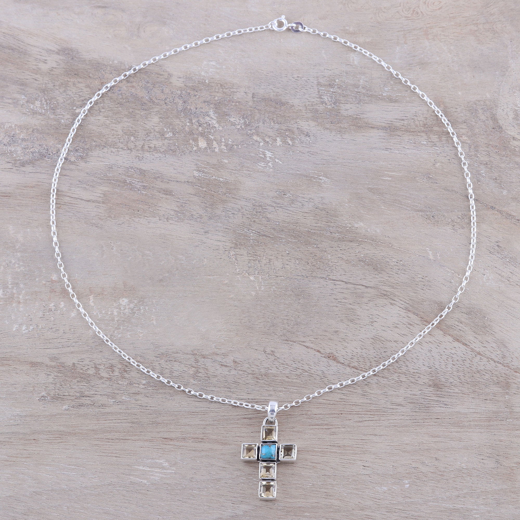 Premium Golden Faith Citrine & Turquoise Cross Pendant Necklace