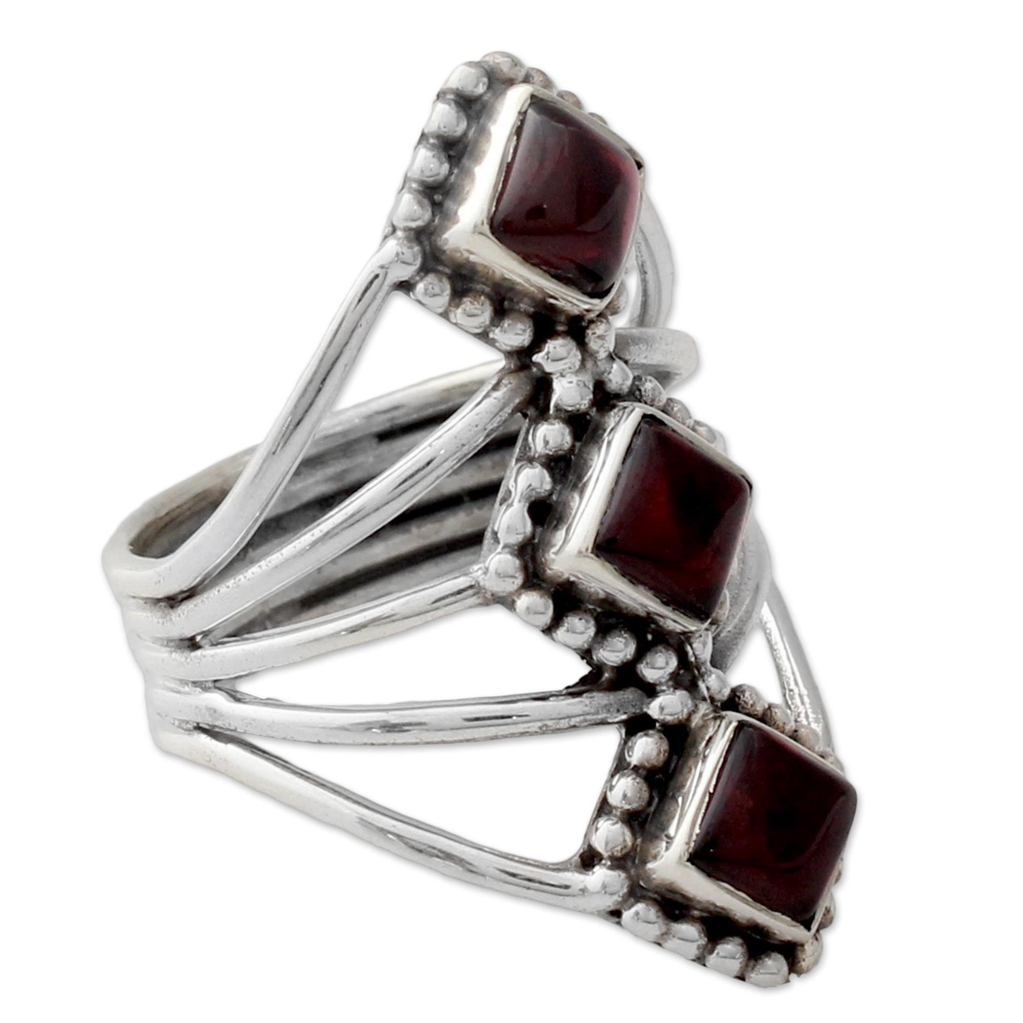 Premium Deep Red Garnet Diamond-Shaped Sterling Silver Cocktail Ring