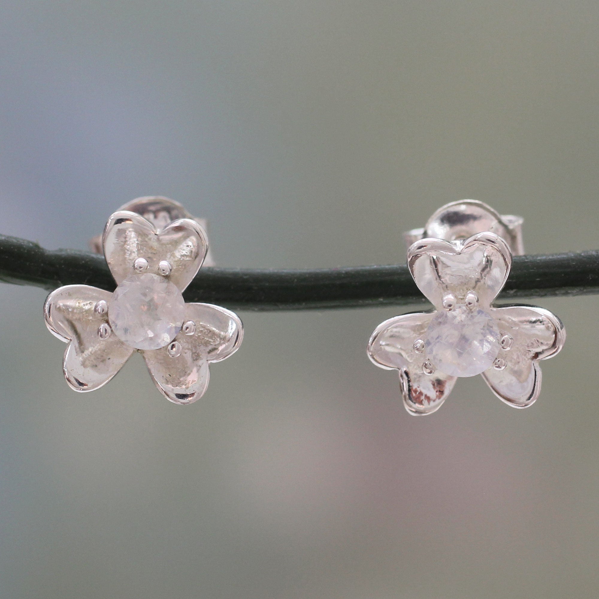 Premium Cradle Lily Sterling Silver & Rainbow Moonstone Floral Button Earrings - Handcrafted Elegance