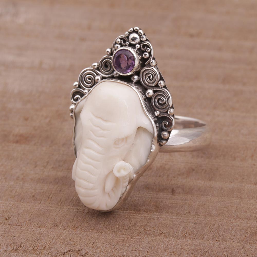 Premium Elephant Grandeur Amethyst & Silver Ring - Handcrafted Elegance