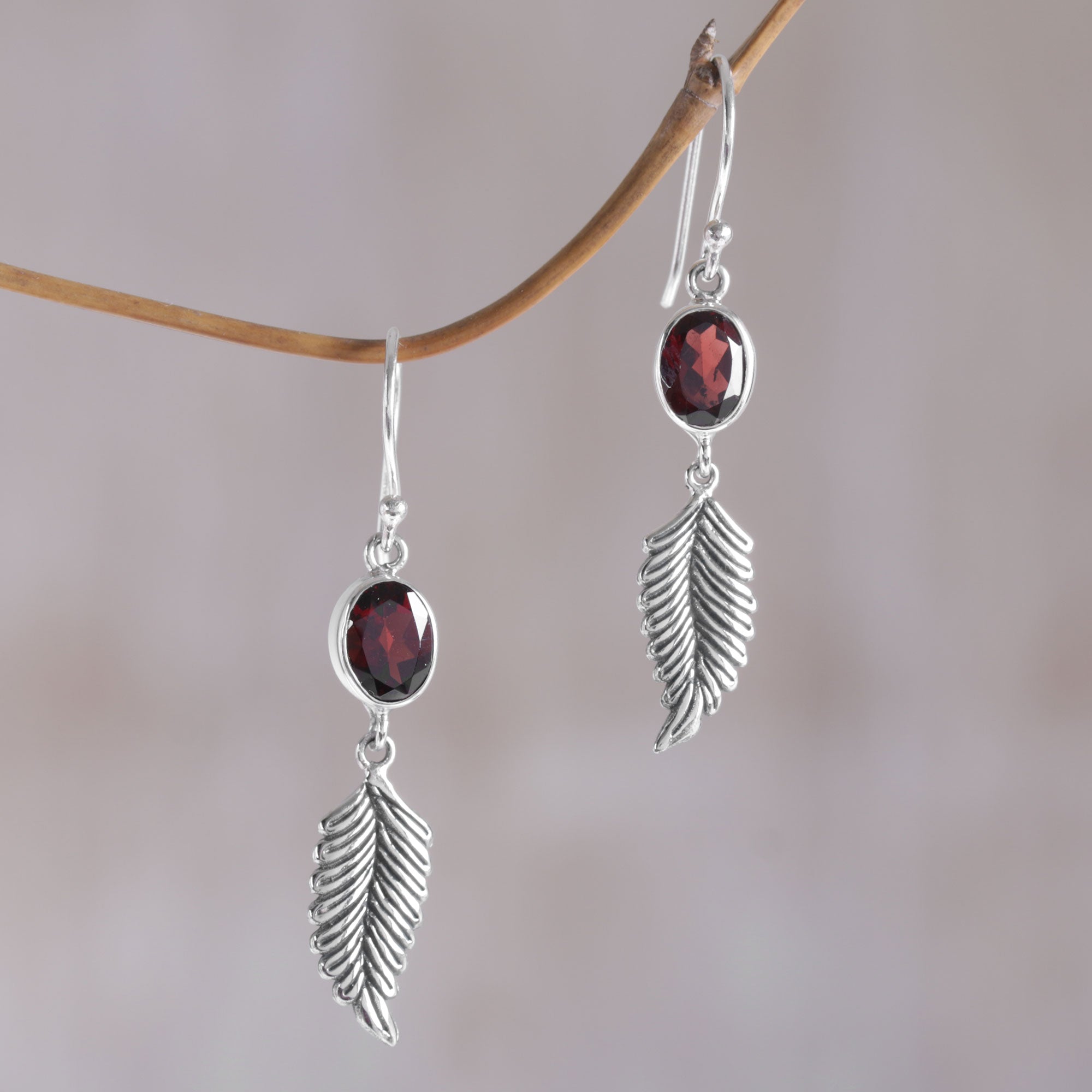 Premium Passionate Hope Balinese 925 Sterling Silver Feather Earrings with Garnet Gemstones