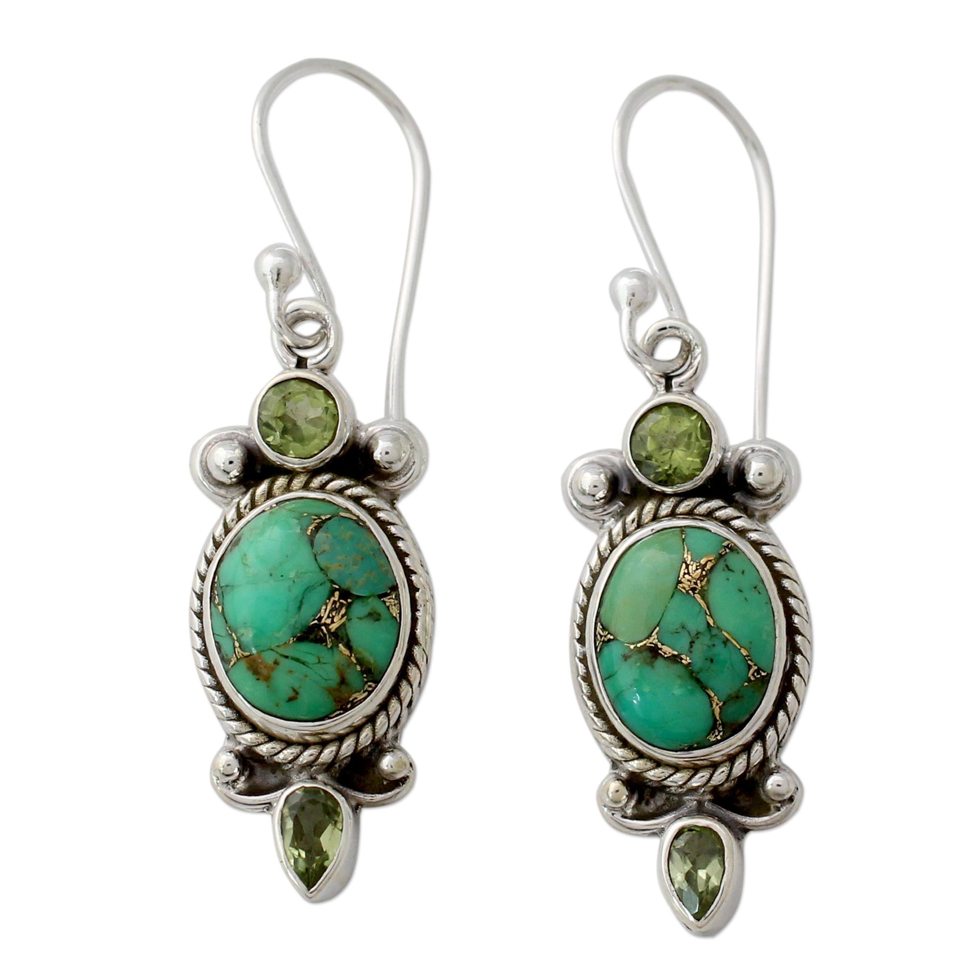 Premium Green Turquoise & Silver Dangle Earrings - Handmade in India