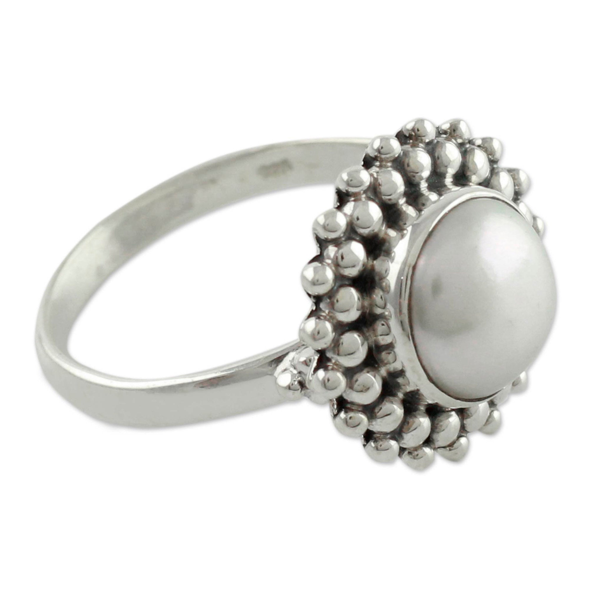 Premium Kolkata Halo Artisan Sterling Silver Pearl Ring - Handcrafted Elegance