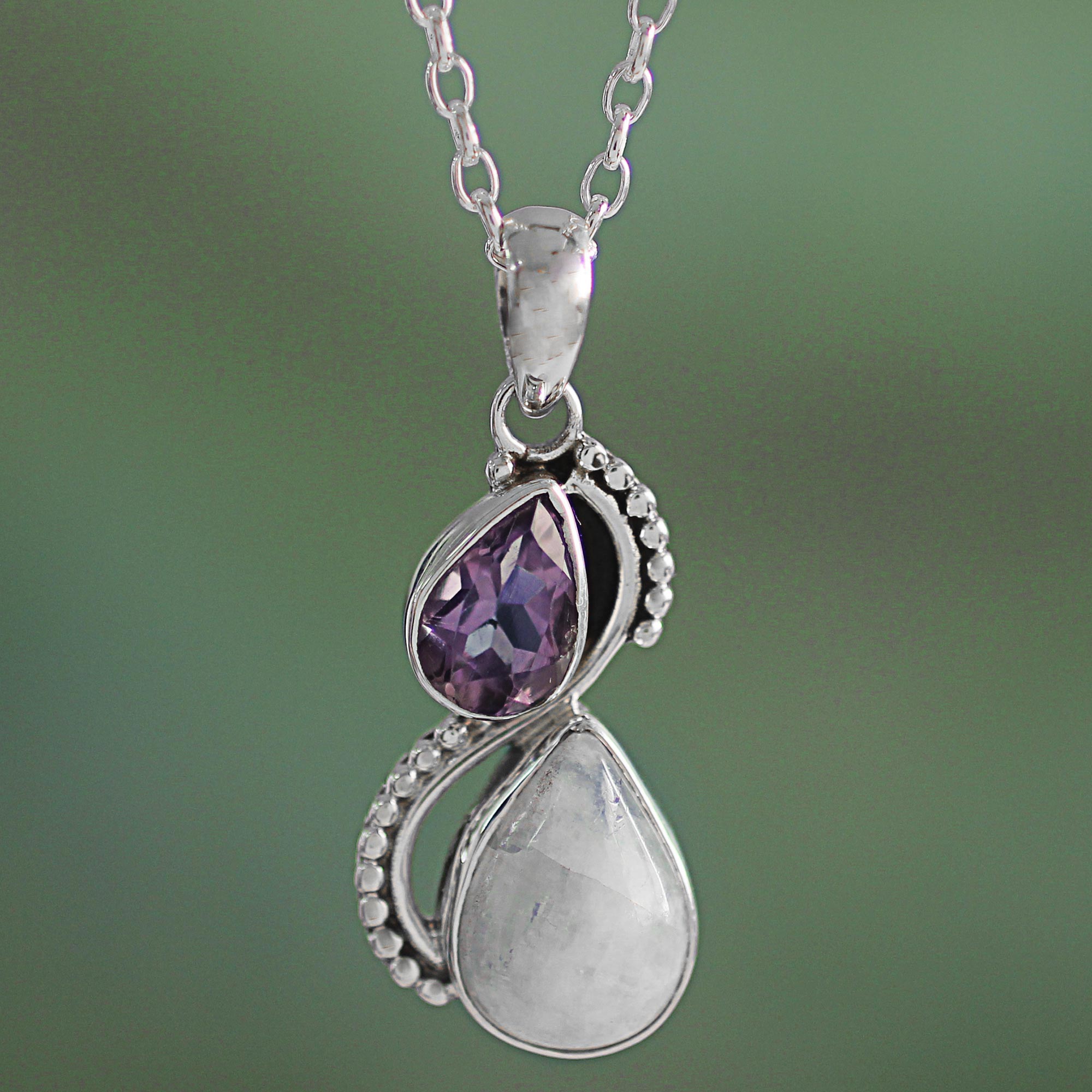 Premium Amethyst & Moonstone Teardrop Pendant Necklace - Handcrafted Elegance