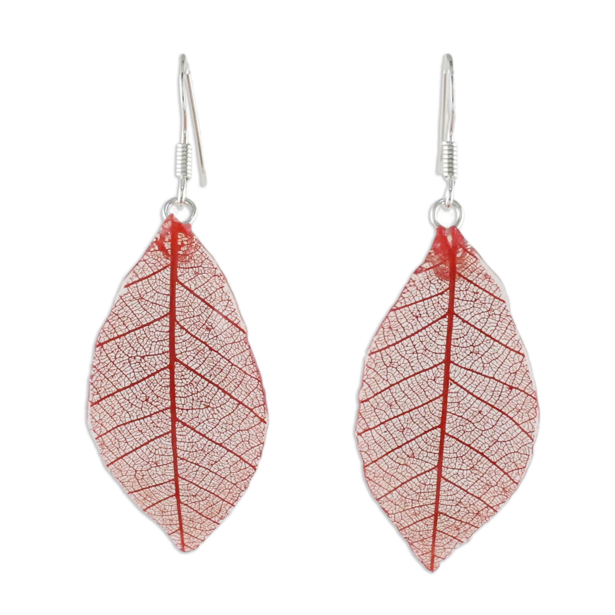 Premium Crimson Natural Leaf Dangle Earrings – Handcrafted in Thailand