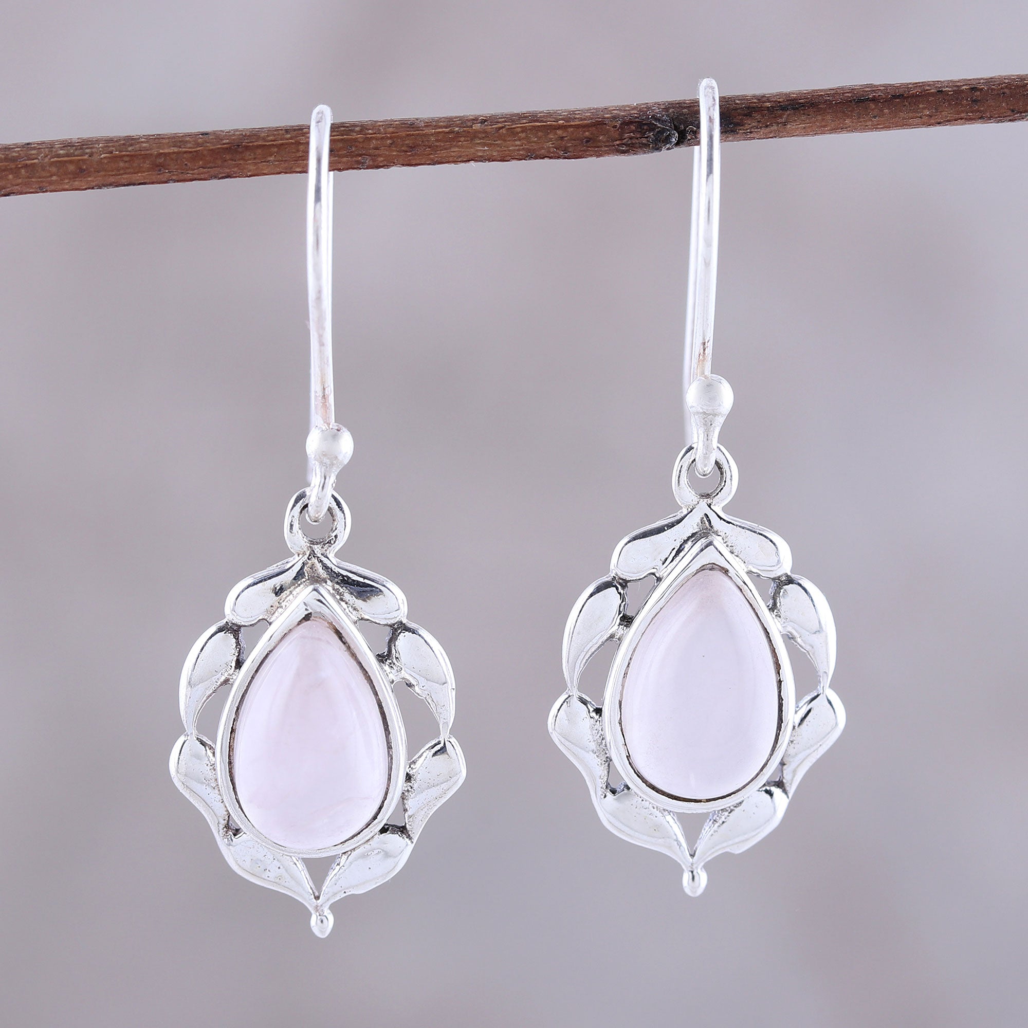 Premium Rose Quartz Dangle Earrings - Handcrafted Sterling Silver Paisley Design from India