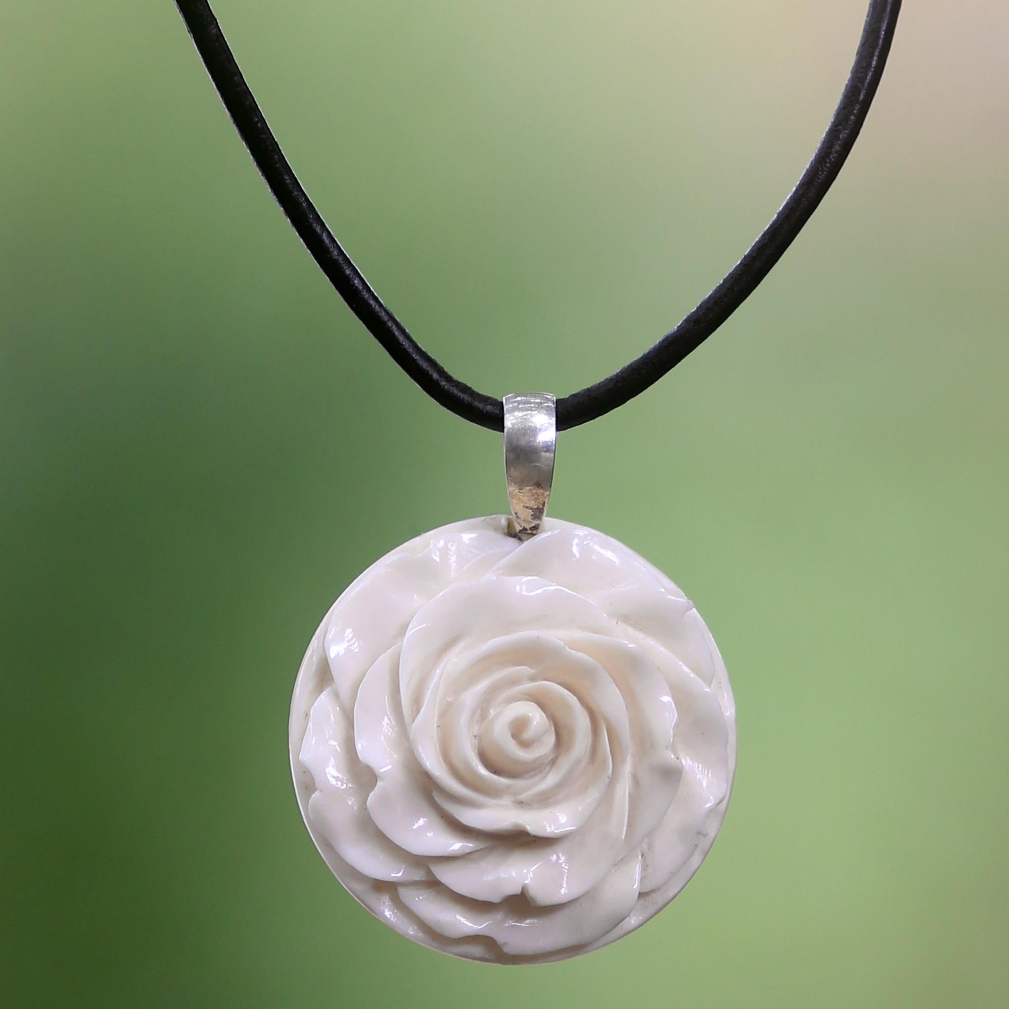 Premium Glorious Rose Bone Pendant Necklace - Handmade in Bali