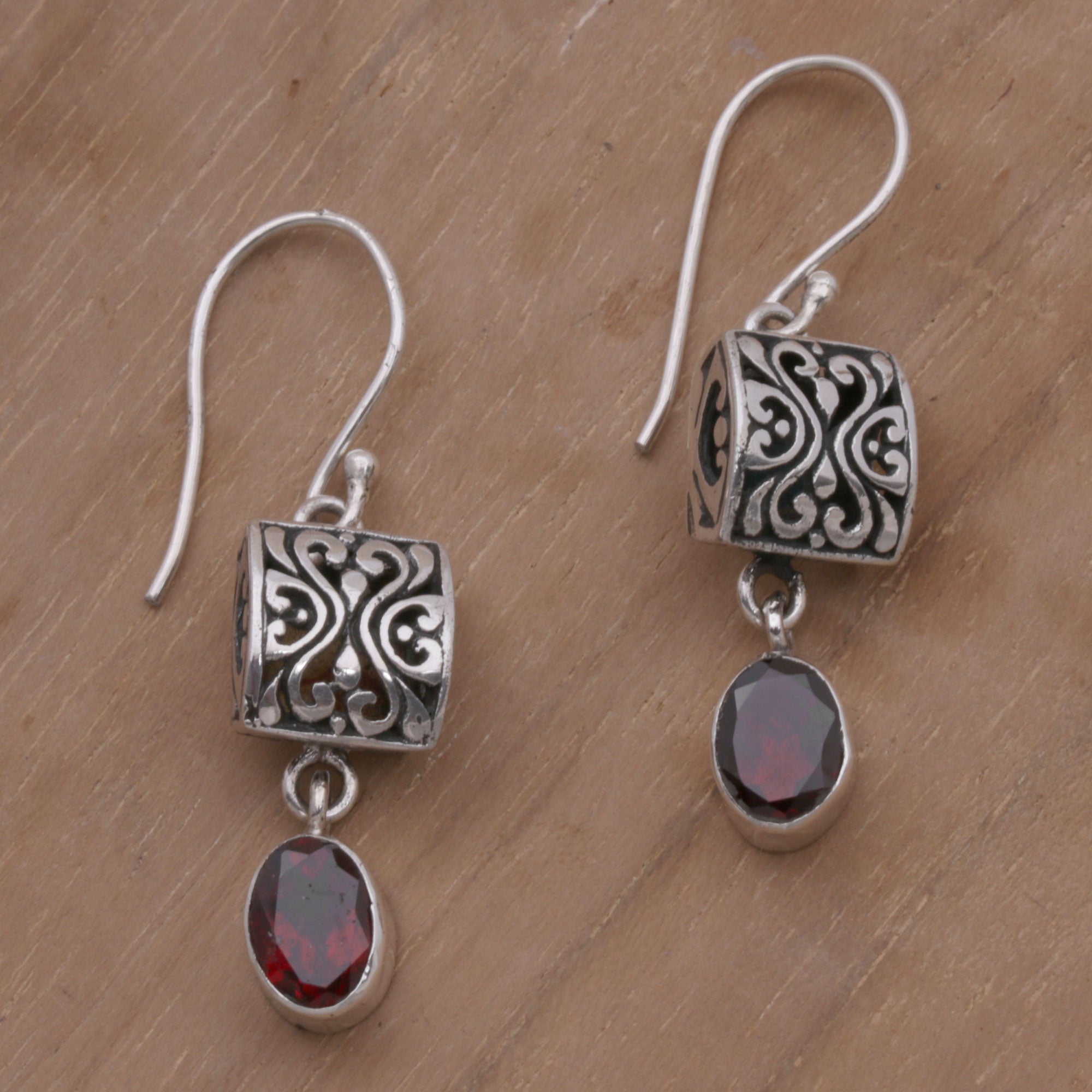 Premium Red Horizon Sterling Silver & Garnet Dangle Earrings - Handcrafted in Bali