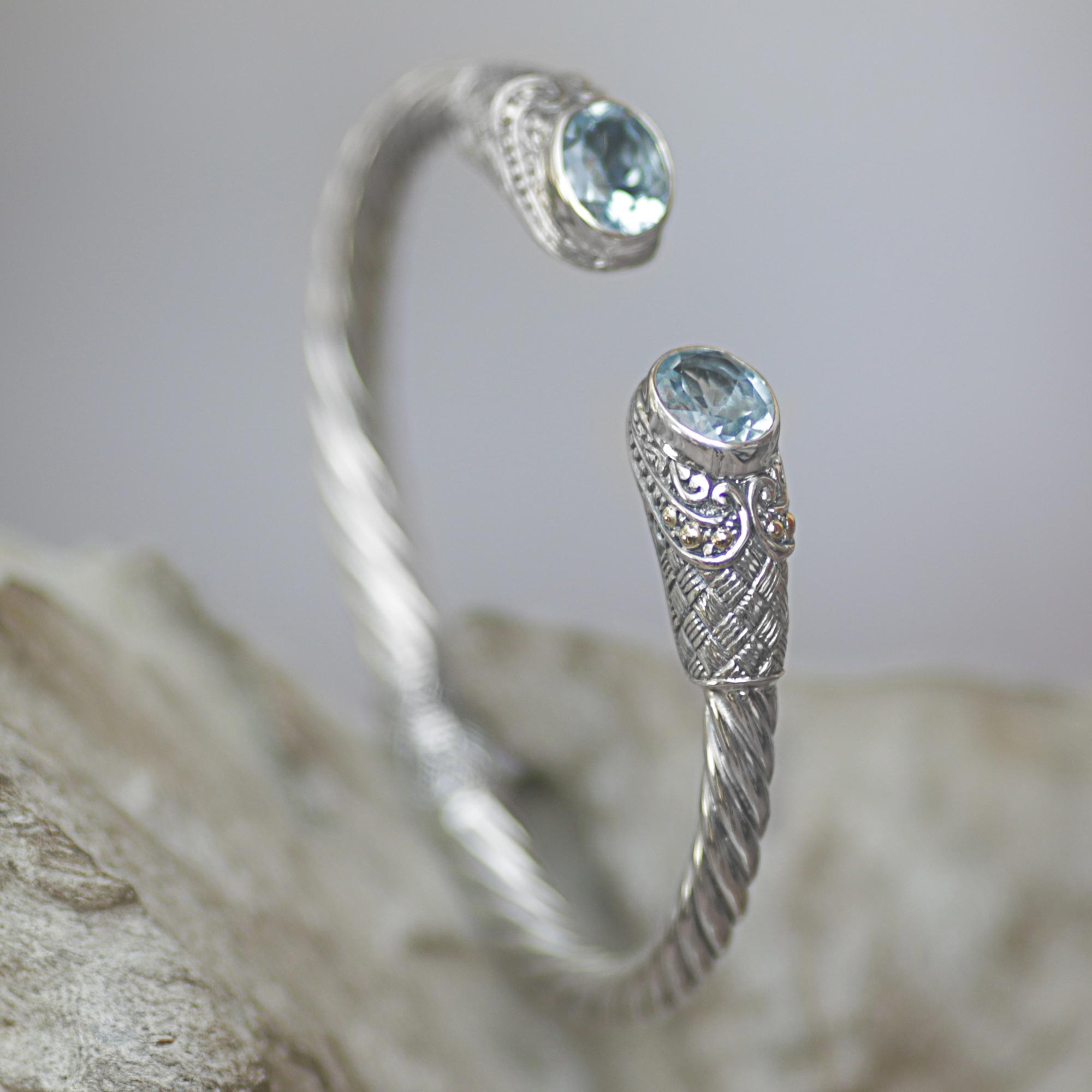 Premium Blue Topaz Sterling Silver Cuff Bracelet - Handcrafted in Indonesia