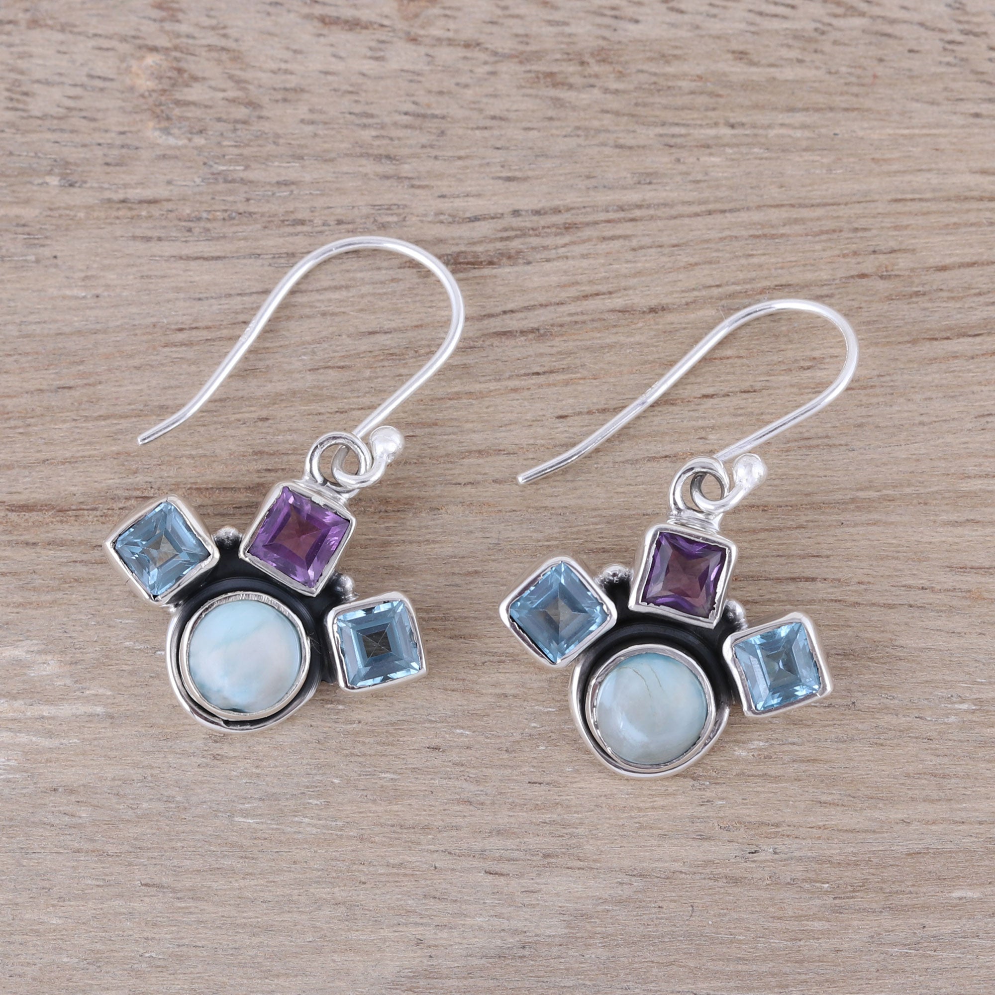 Premium Sterling Silver Dangle Earrings with Blue Topaz, Amethyst & Larimar