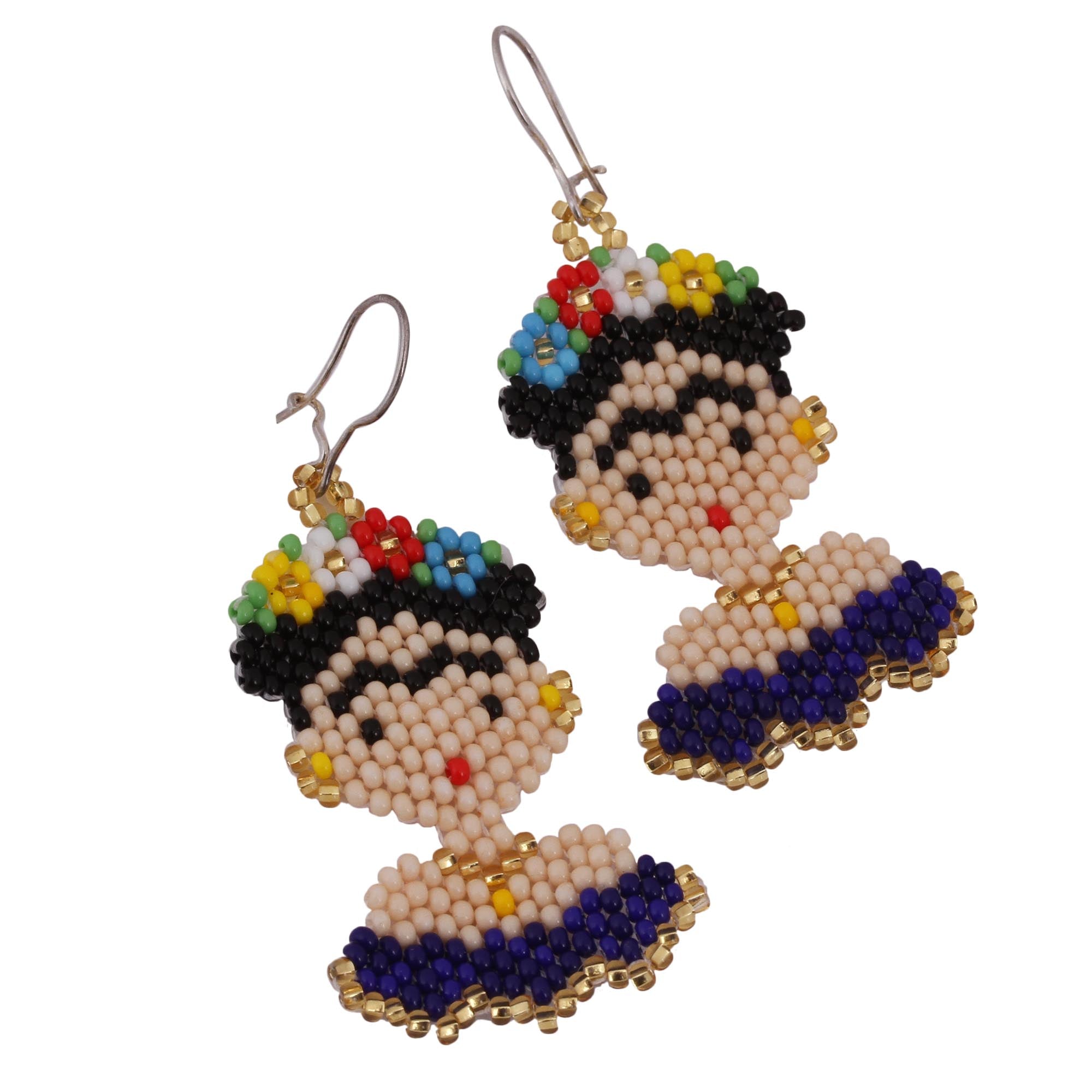 Premium Blue Frida Kahlo Glass Beaded Dangle Earrings – Handcrafted in Mexico