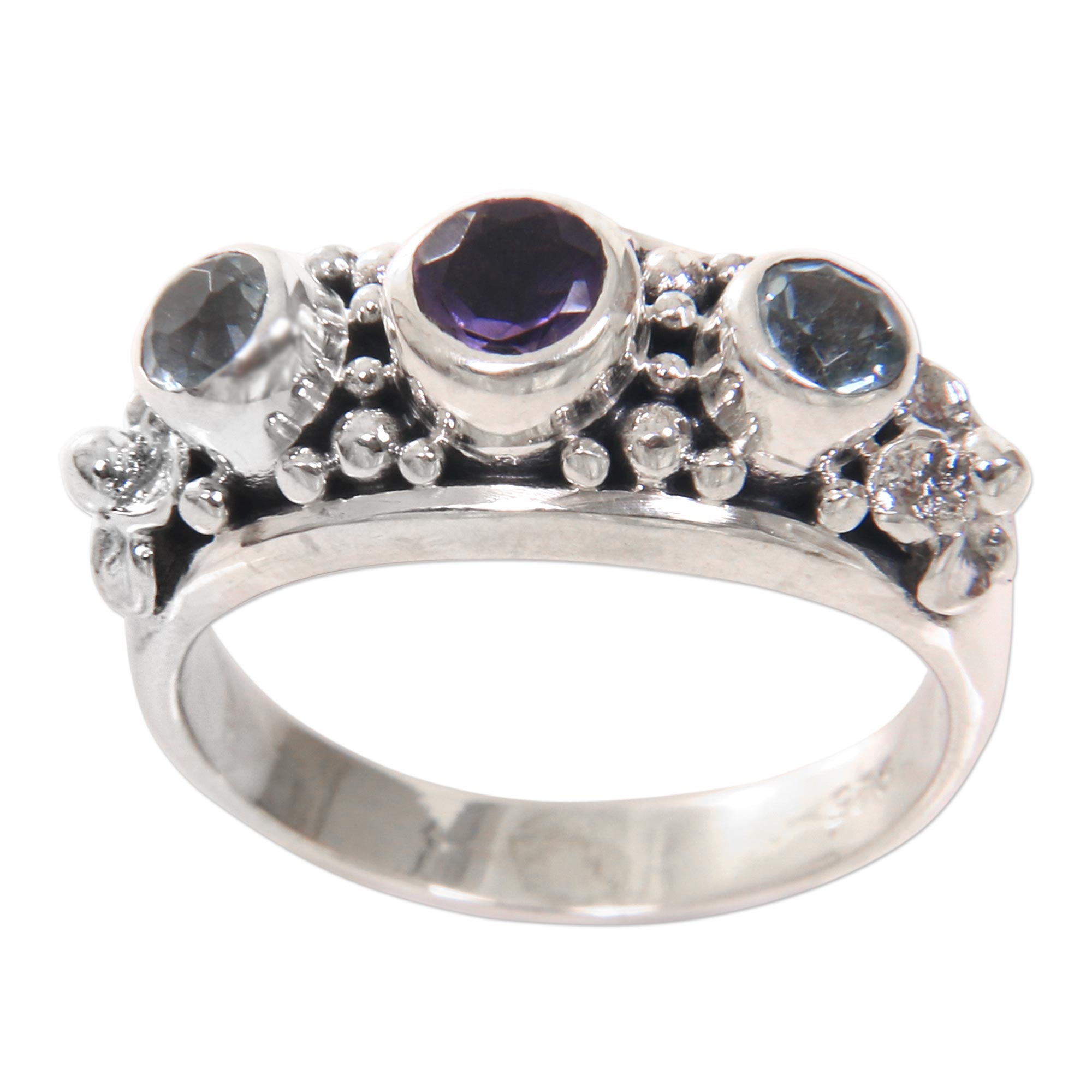 Premium Seminyak Blossoms Sterling Silver Ring with Amethyst & Blue Topaz