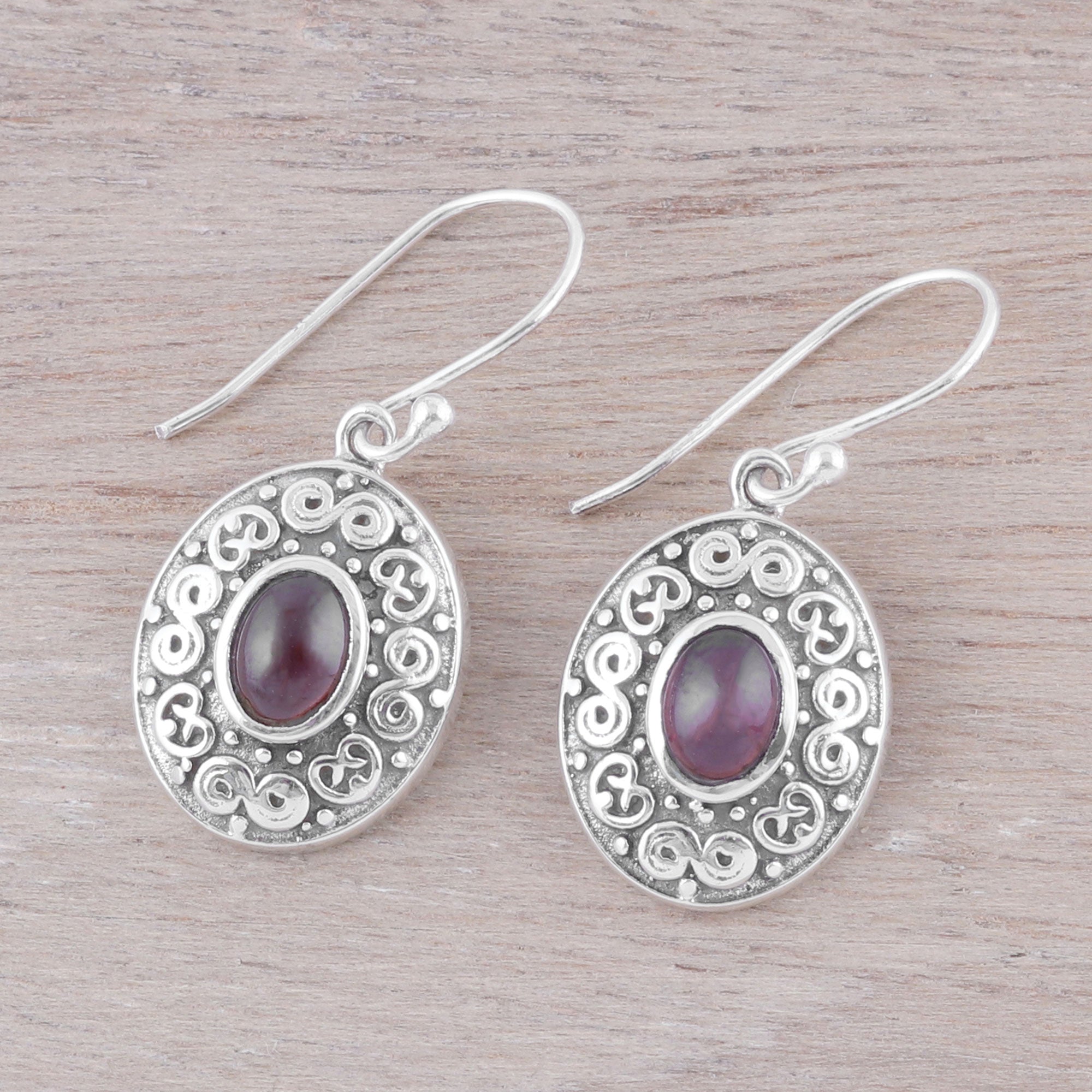 Premium Swirling Ellipse Garnet Dangle Earrings - Handcrafted in India