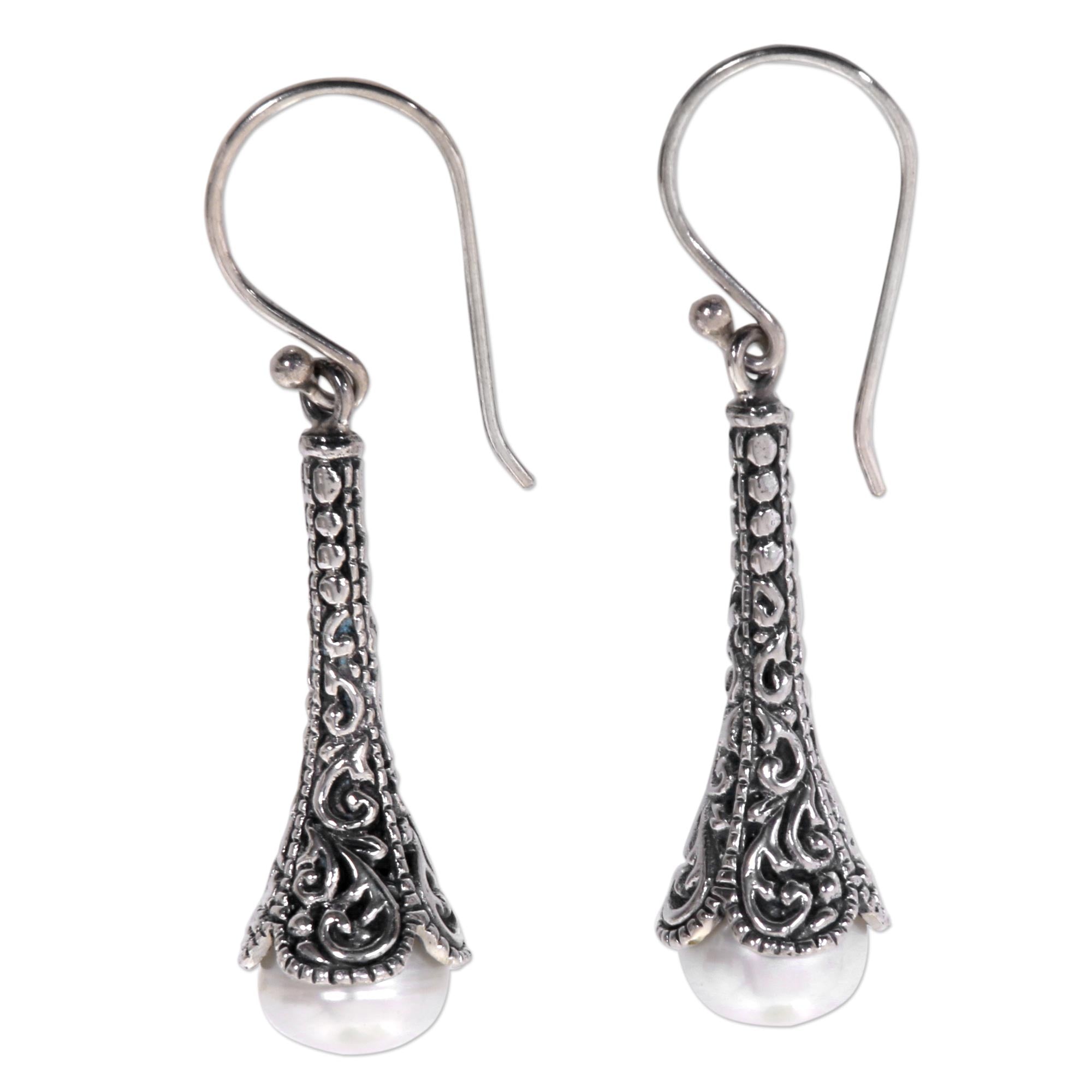 Premium White Honeysuckle Silver 925 Dangle Earrings with Cultured Pearl