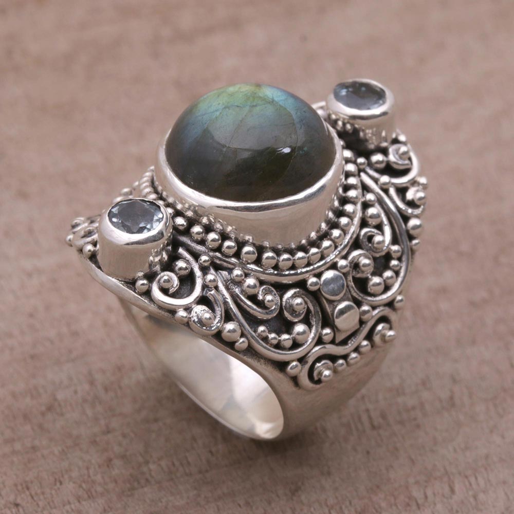 Premium Labradorite & Blue Topaz Cocktail Ring - Handcrafted Sterling Silver Jewelry from Bali