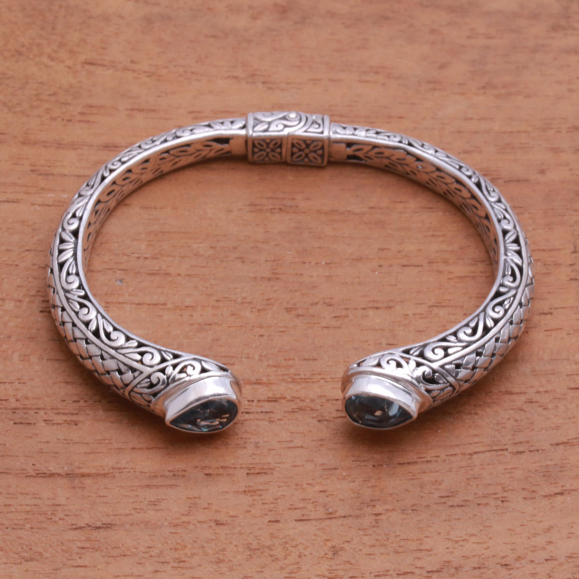 Premium Blue Topaz Cuff Bracelet – Handcrafted in Bali with Intricate Woven Design
