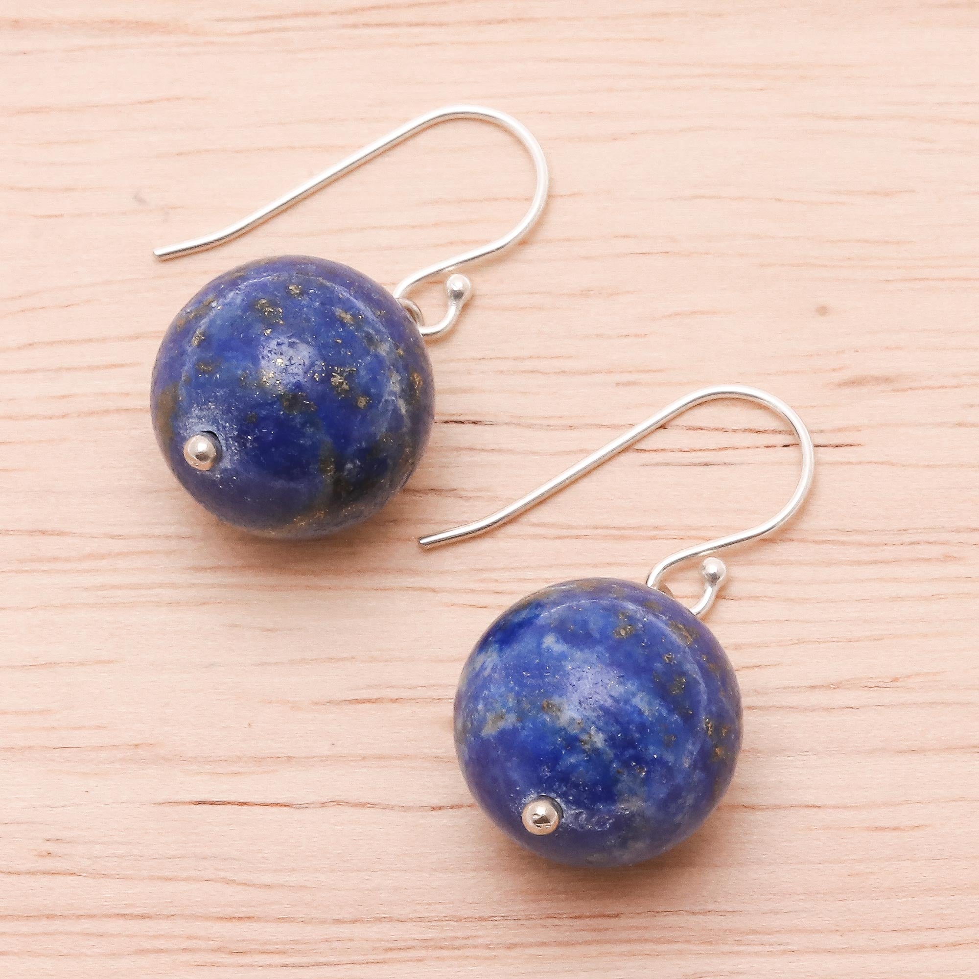 Premium Round Lapis Lazuli Dangle Earrings - Handcrafted in Thailand