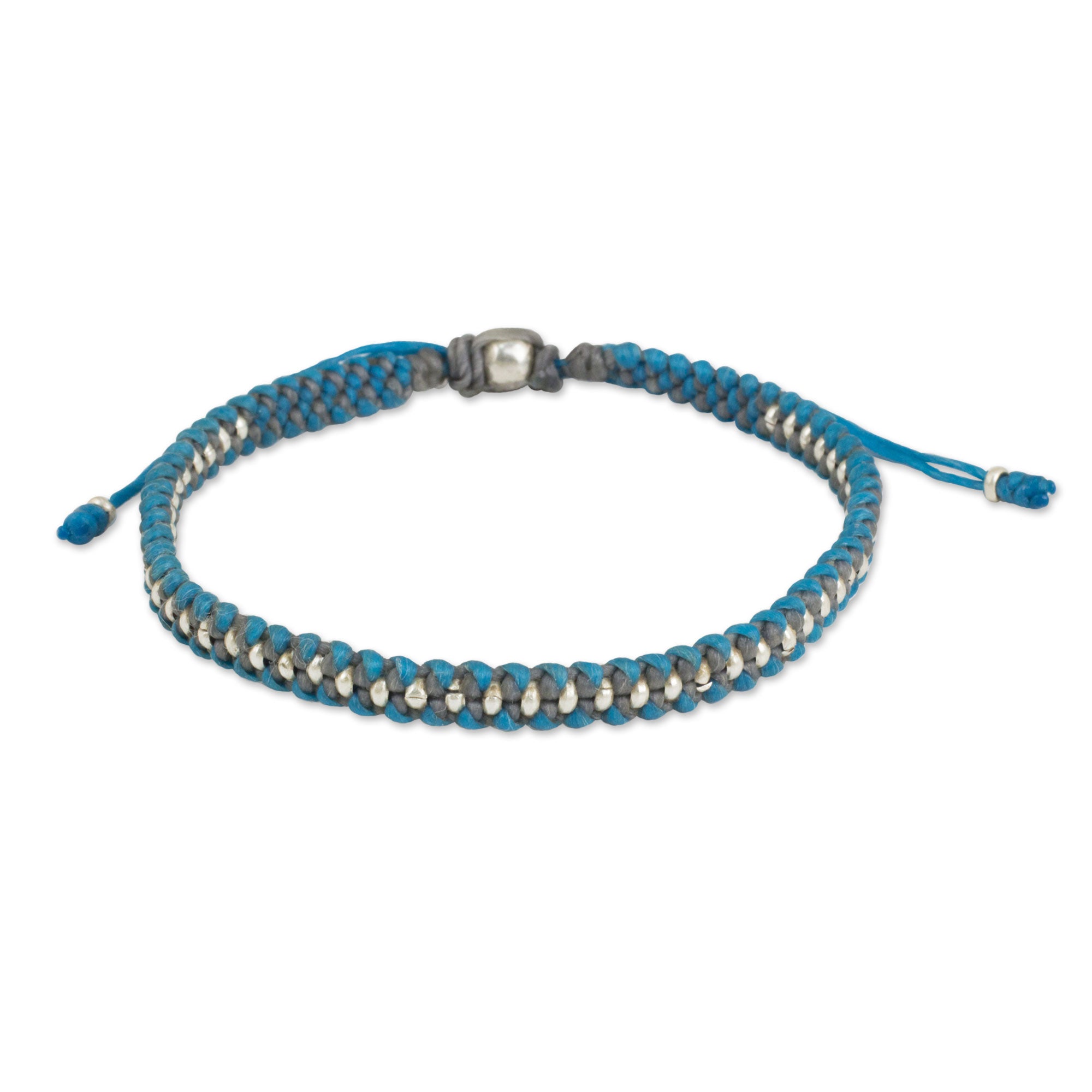 Premium Handcrafted Blue Grey Macrame Bracelet with Hill Tribe Silver Beads